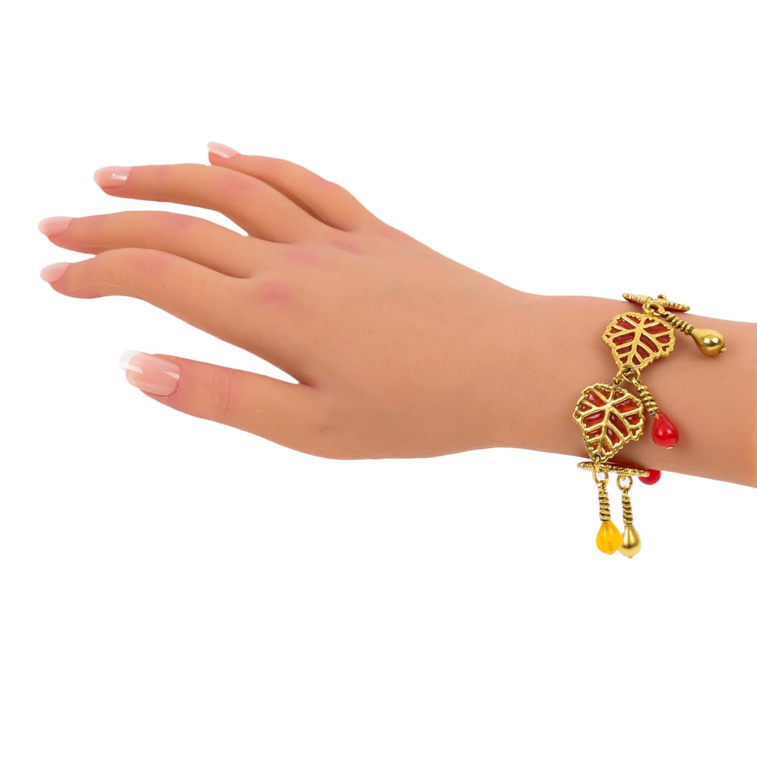 Kenzo Paris Gilt Metal and Multicolor Resin Leaves Bracelet, circa 1980 For Sale 4