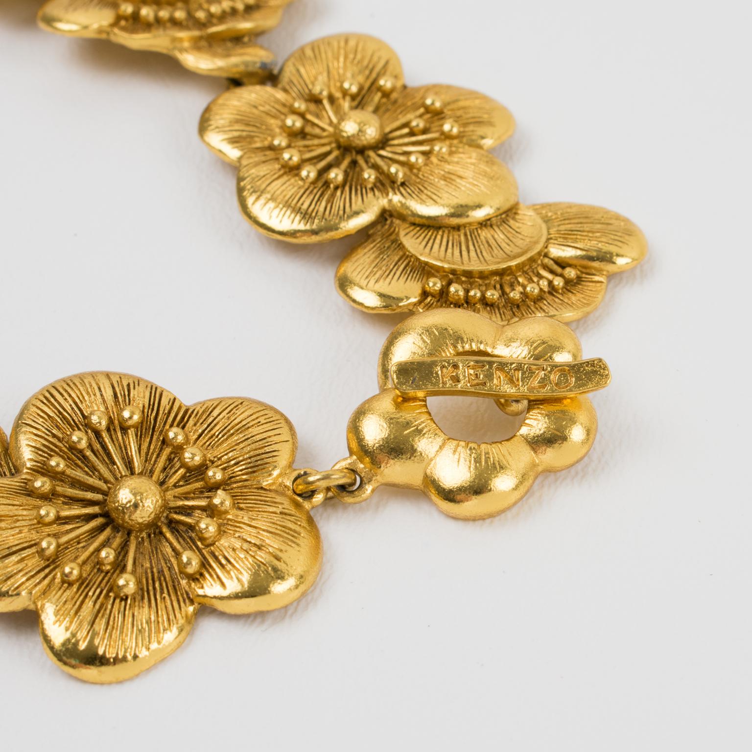 Kenzo Paris Gilt Metal Cherry Blossom Flower Choker Necklace In Excellent Condition In Atlanta, GA