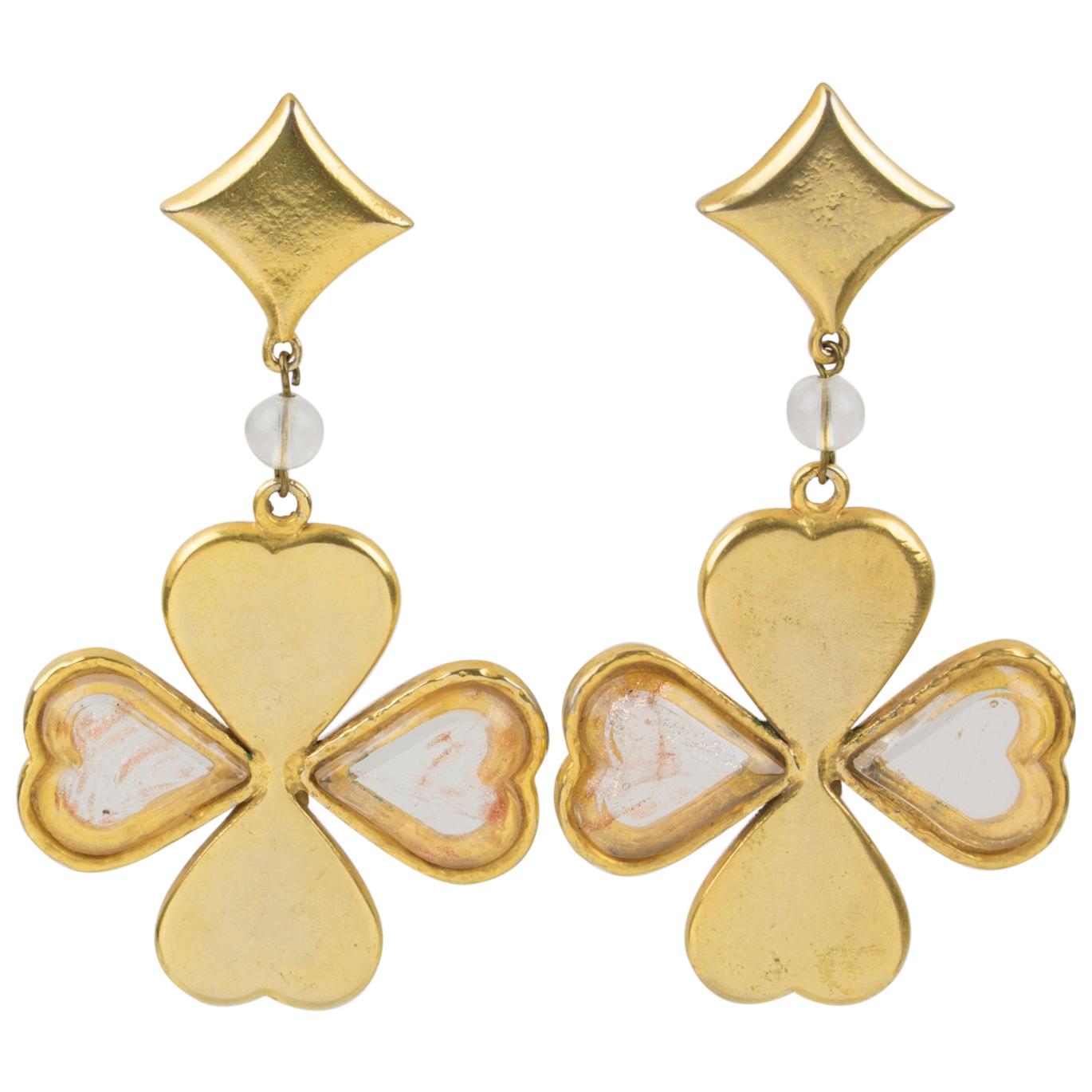 Kenzo Paris Gilt Metal Four-Leaf Clover Dangle Clip Earrings