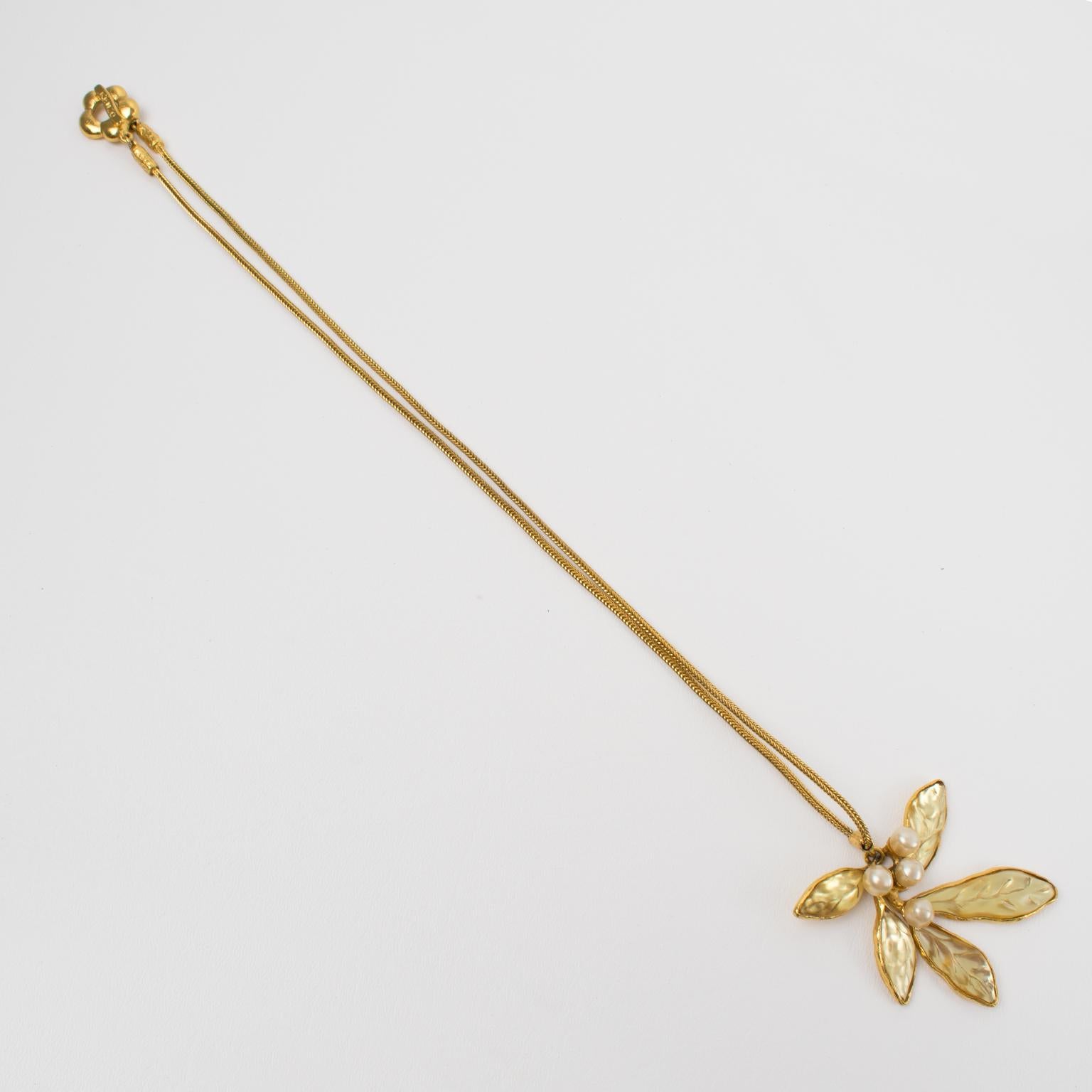 Kenzo Paris Gilt Metal Mistletoe Flower Necklace with Yellow Resin Leaves 5