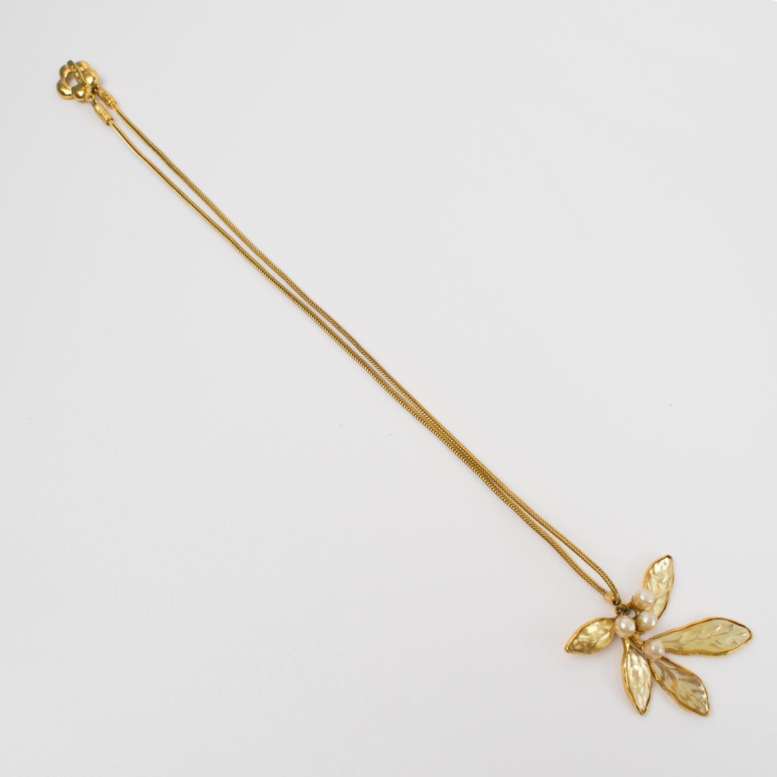 Kenzo Paris Gilt Metal Mistletoe Flower Necklace with Yellow Resin Leaves 5