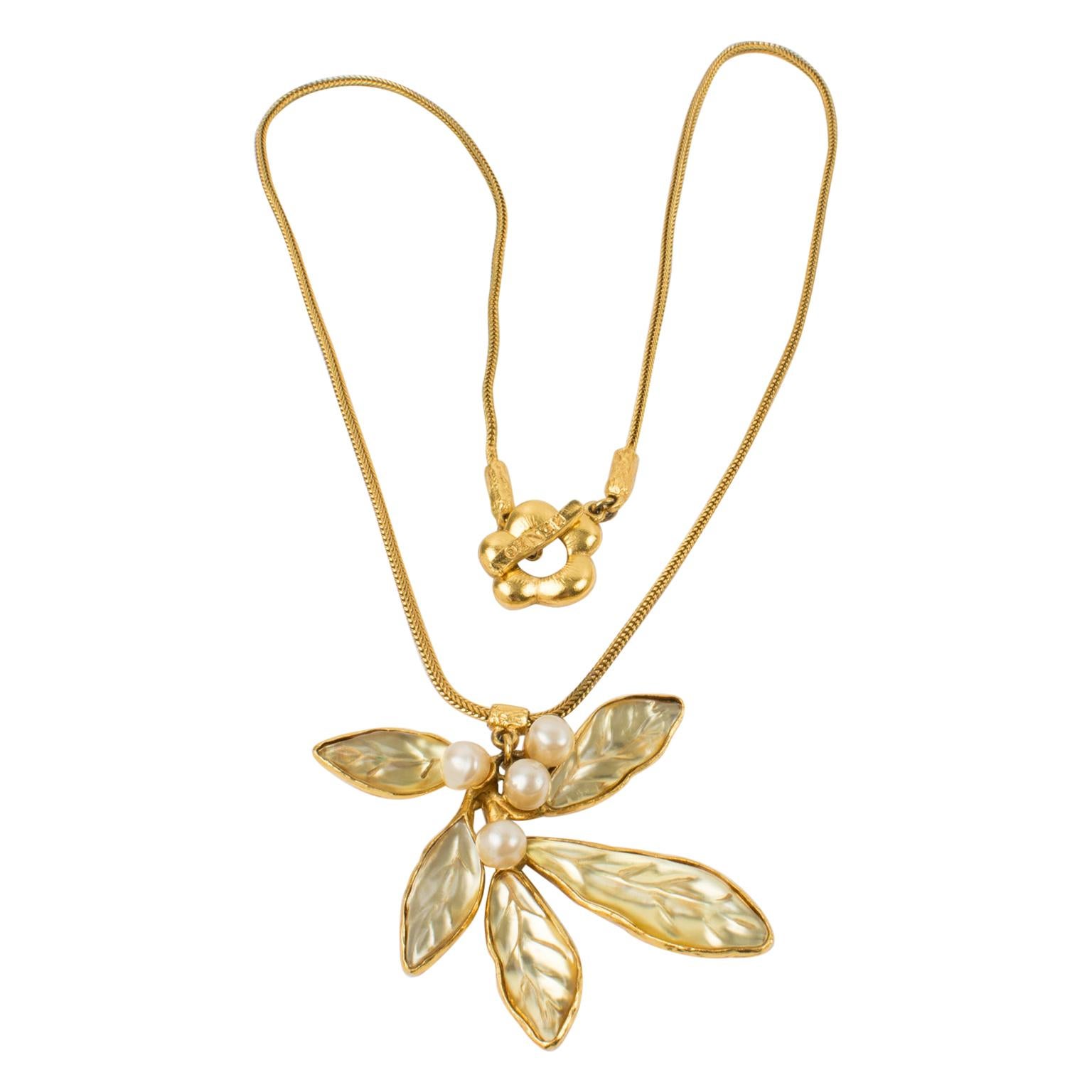 Kenzo Paris Gilt Metal Mistletoe Flower Necklace with Yellow Resin Leaves