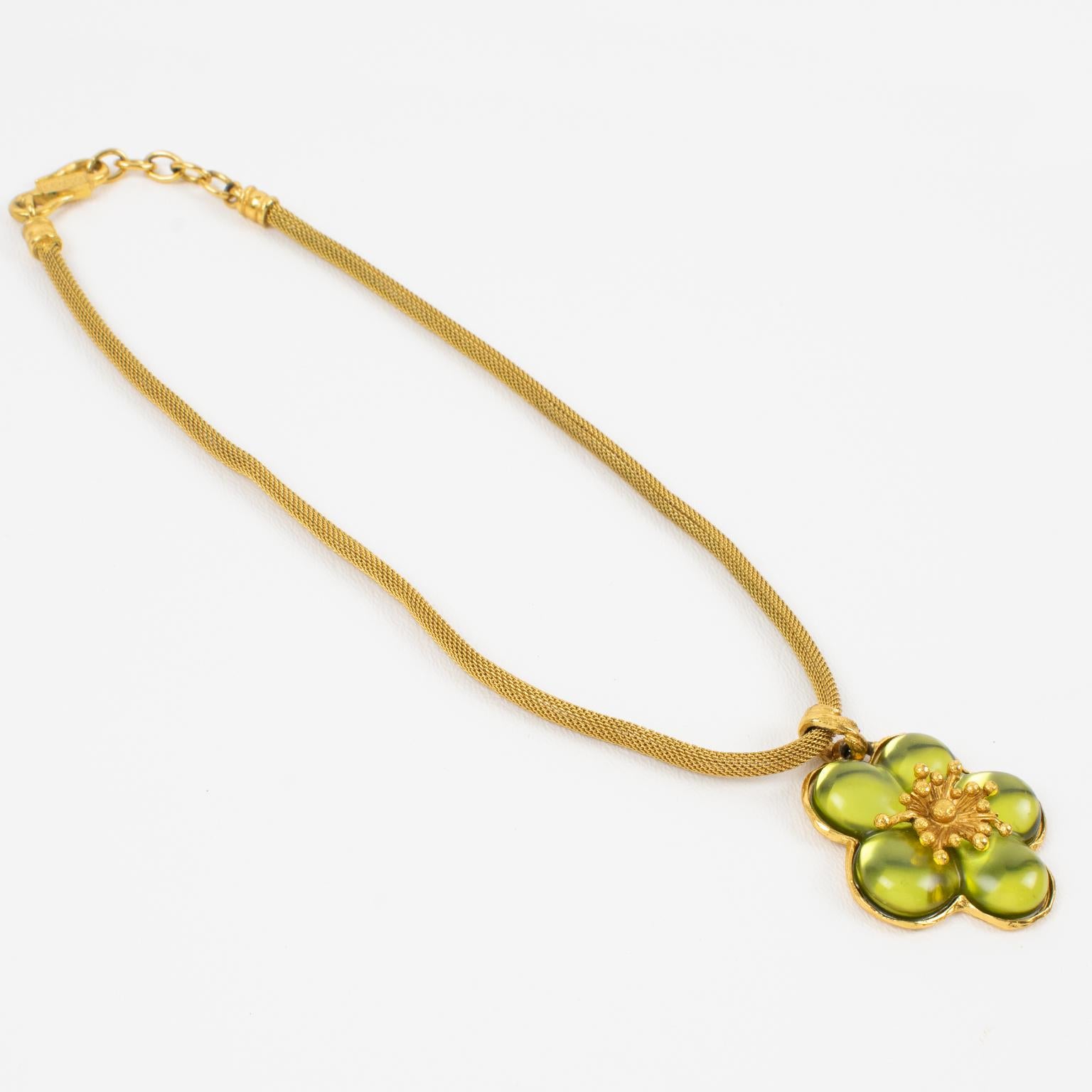 Romantic Kenzo Paris Green Resin Cherry Blossom Flower Pendant Necklace For Sale