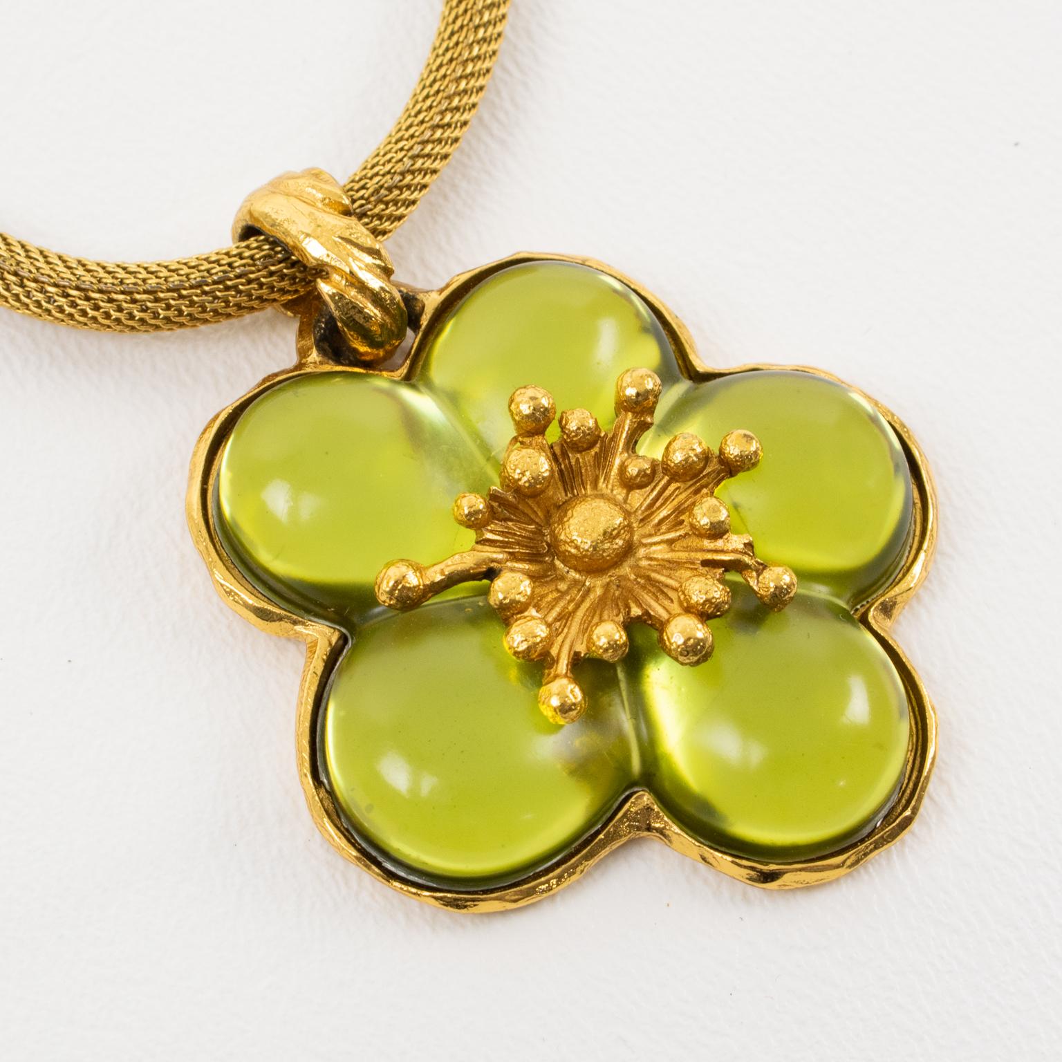 Kenzo Paris Green Resin Cherry Blossom Flower Pendant Necklace In Excellent Condition In Atlanta, GA