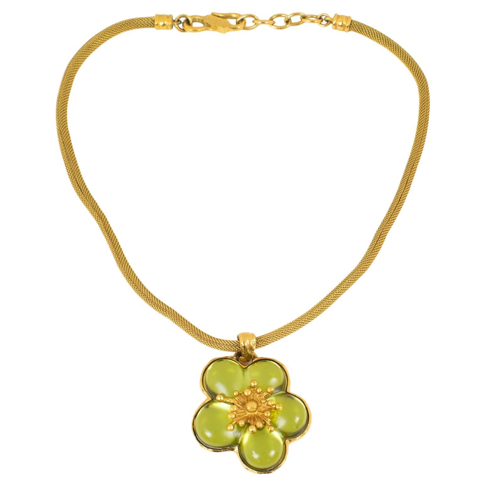 Kenzo Paris Green Resin Cherry Blossom Flower Pendant Necklace