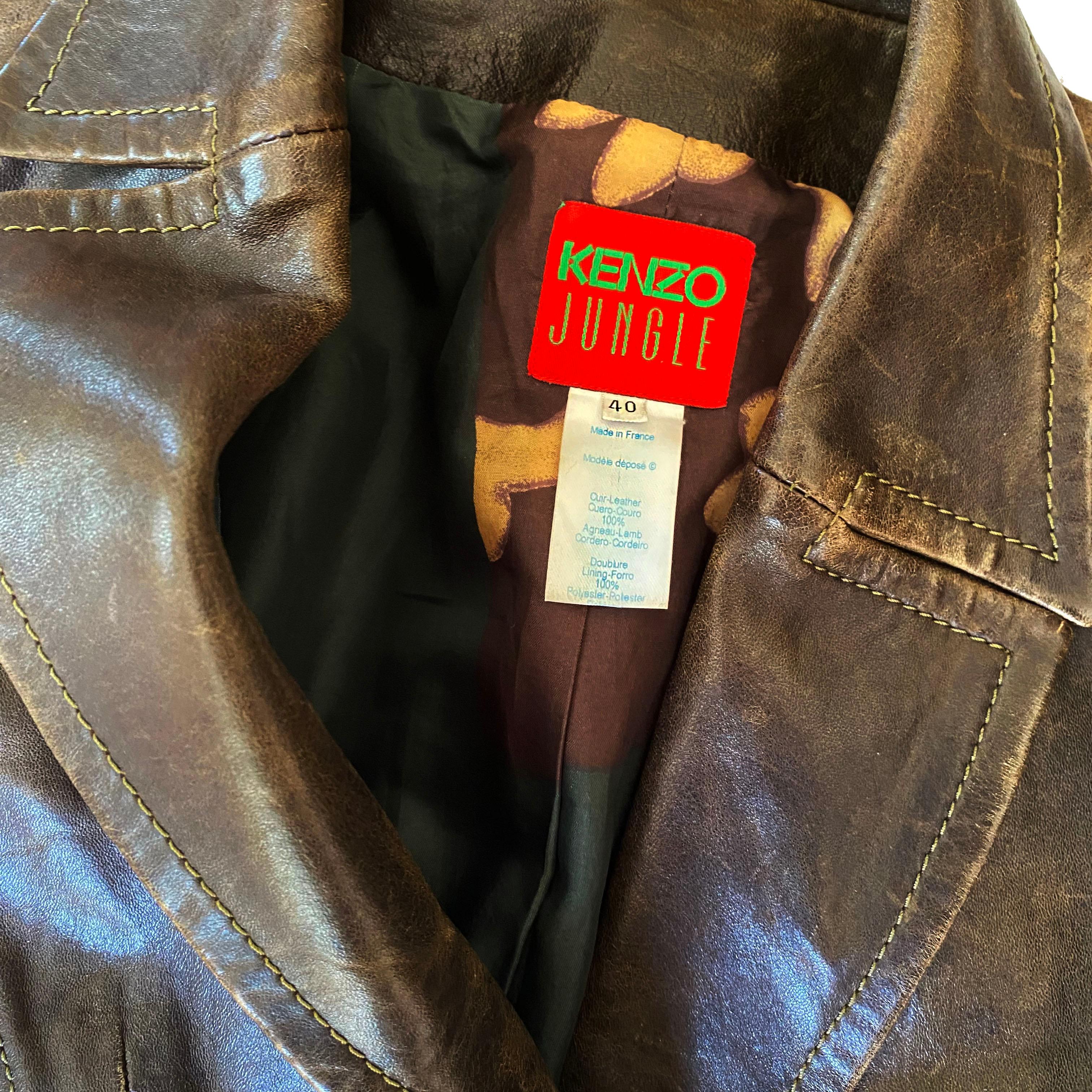 Women's Kenzo Paris made in France brown distressed Lamb Leather Blazer Jacket