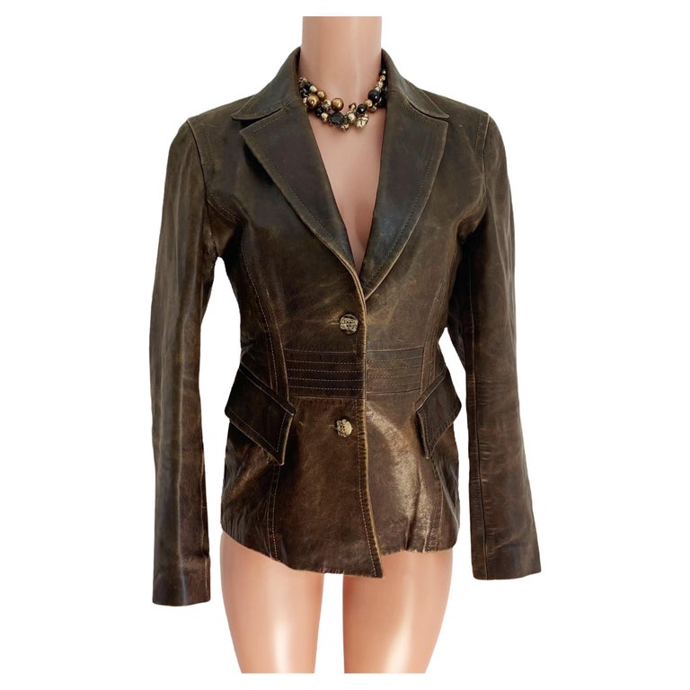 Kenzo Paris made in France brown distressed Lamb Leather Blazer Jacket For Sale