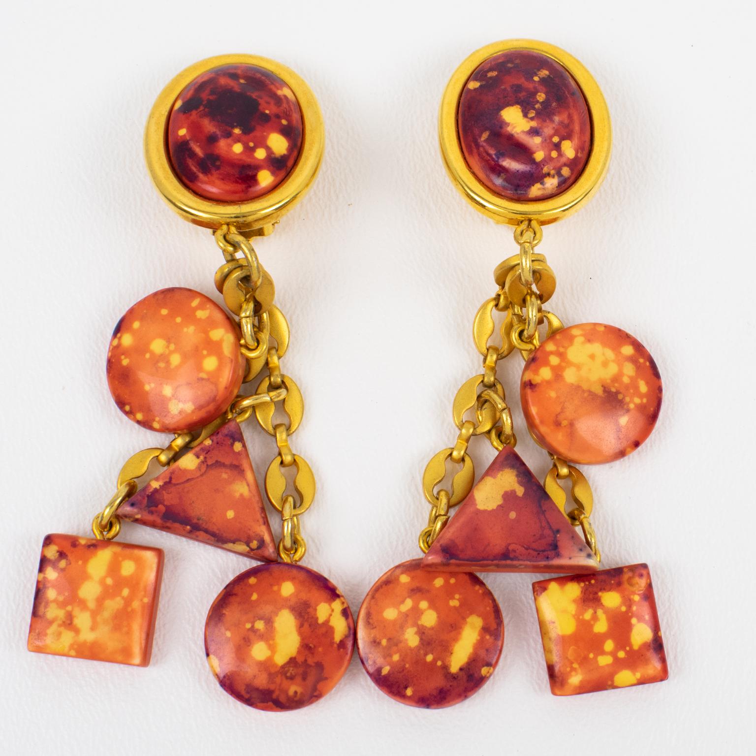 Modern Kenzo Paris Orange and Red Resin Dangle Clip Earrings For Sale