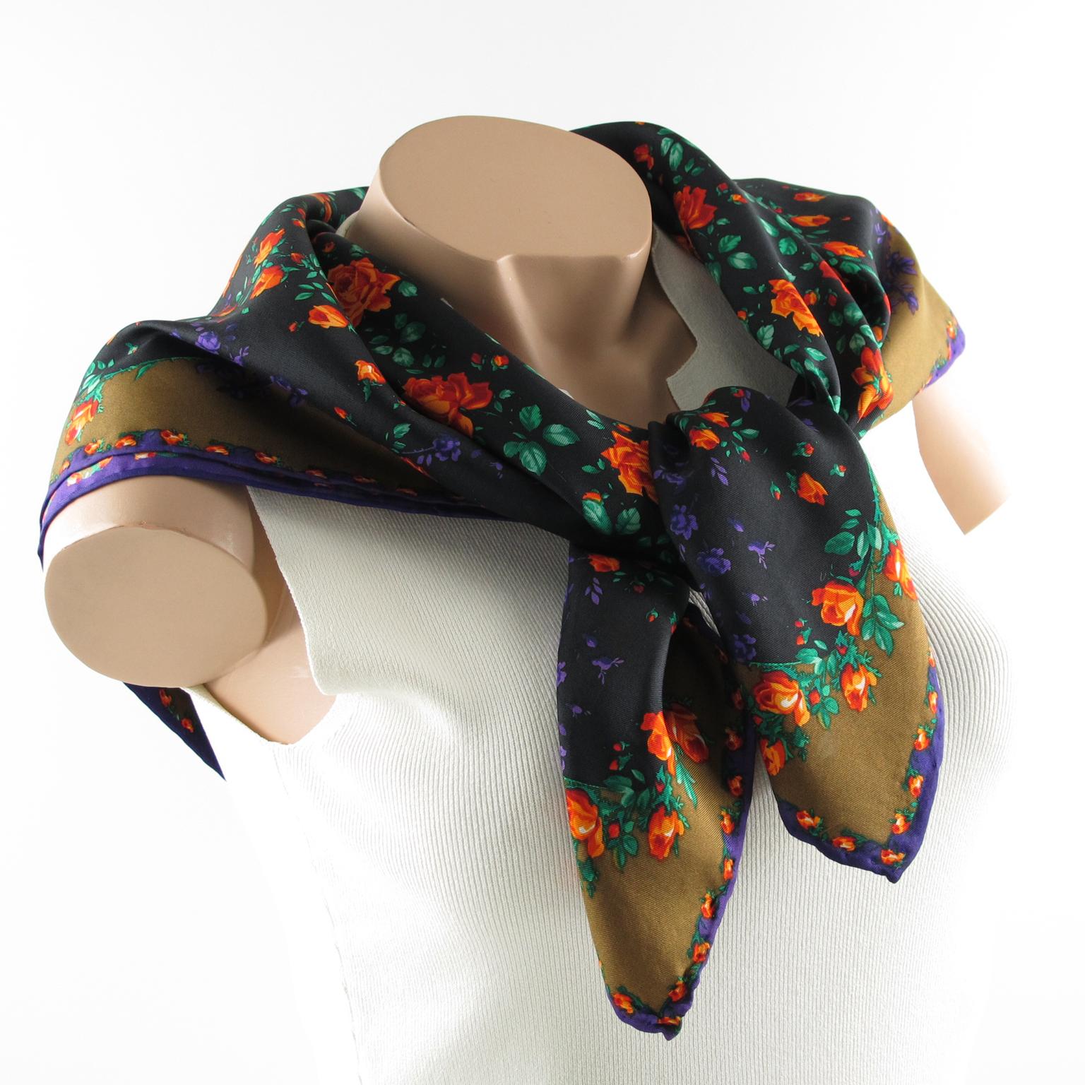 Lovely silk scarf by Kenzo, Paris. Typical Kenzo floral pattern in a fabulous combination of purple, orange, black, green and bronze colors with a large brand signature on corner. The colors are bright and vibrant, care-tag on the side, hand-rolled