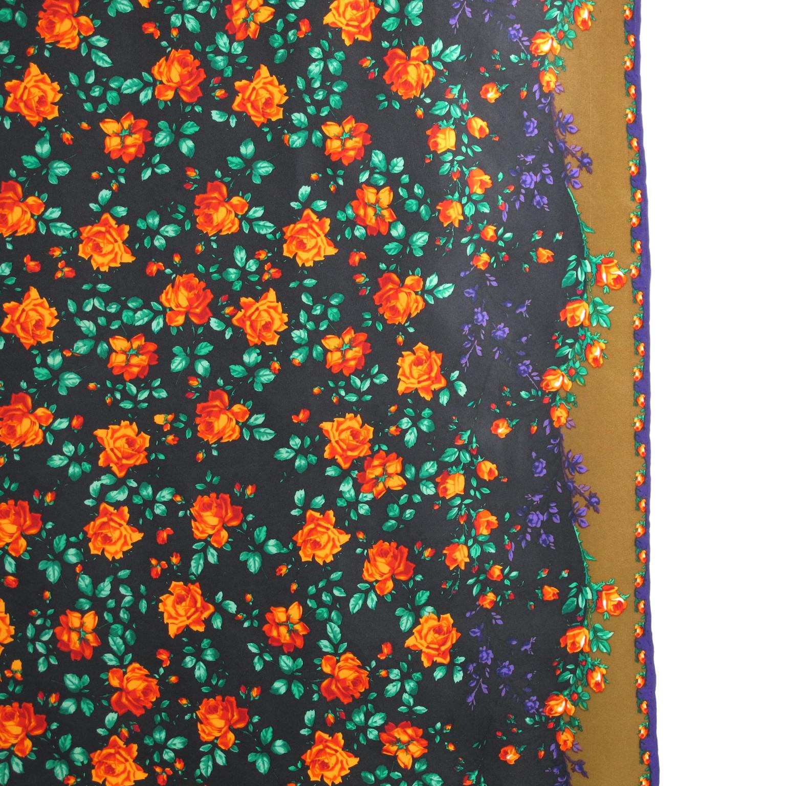 Gray Kenzo Paris Silk Scarf Purple Orange Multi Flowers Design Print Pattern