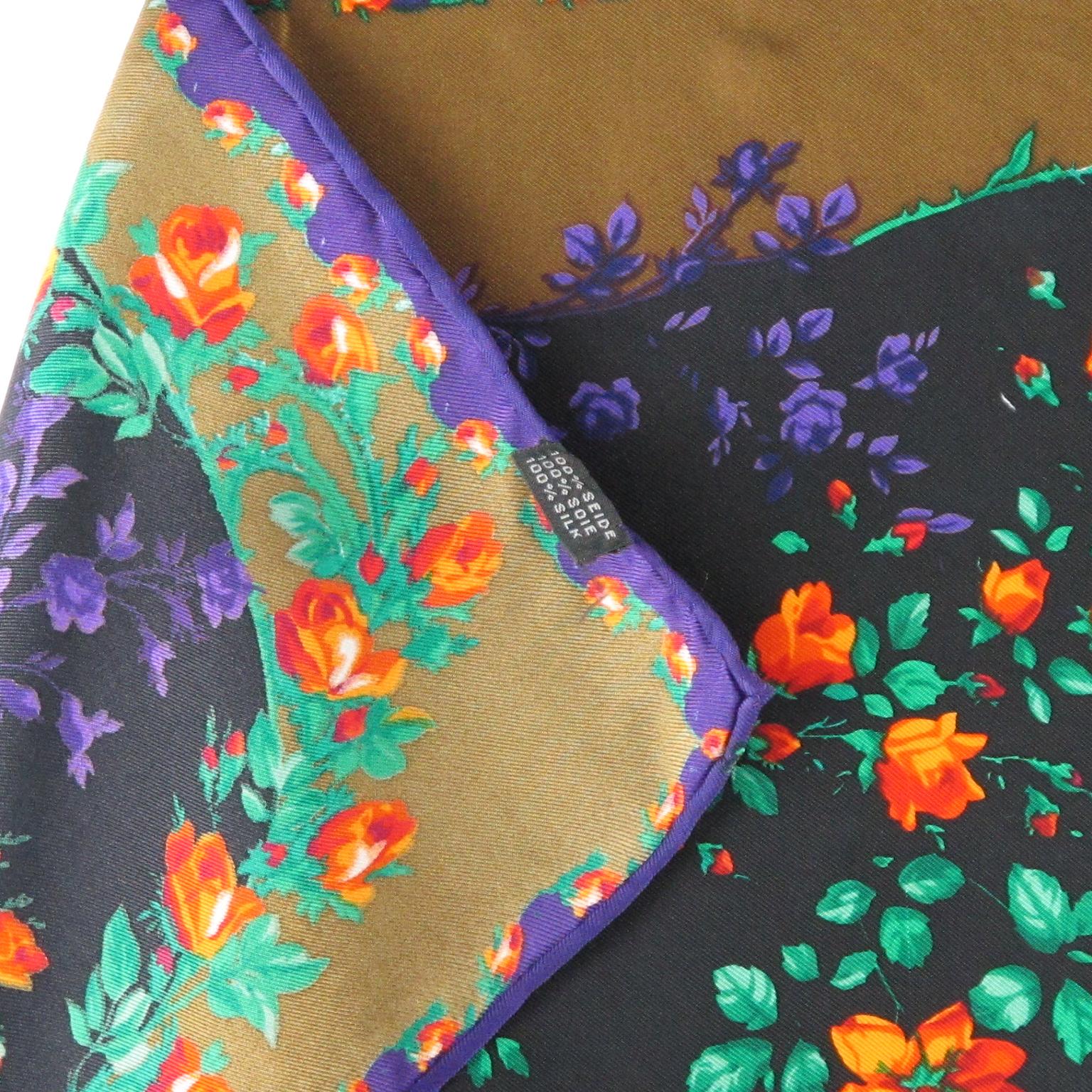 Kenzo Paris Silk Scarf Purple Orange Multi Flowers Design Print Pattern In Good Condition In Atlanta, GA