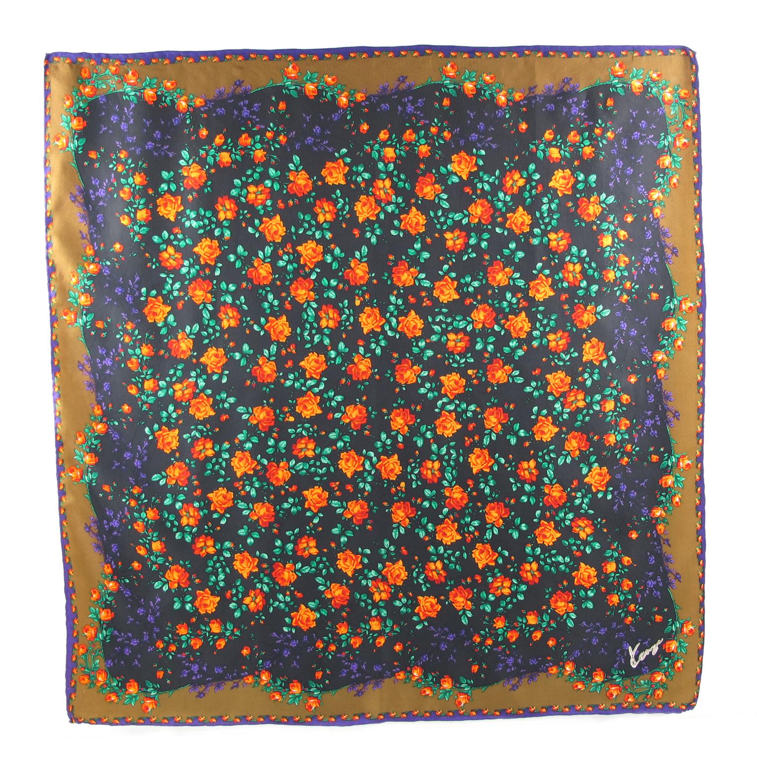 Women's Kenzo Paris Silk Scarf Purple Orange Multi Flowers Design Print Pattern