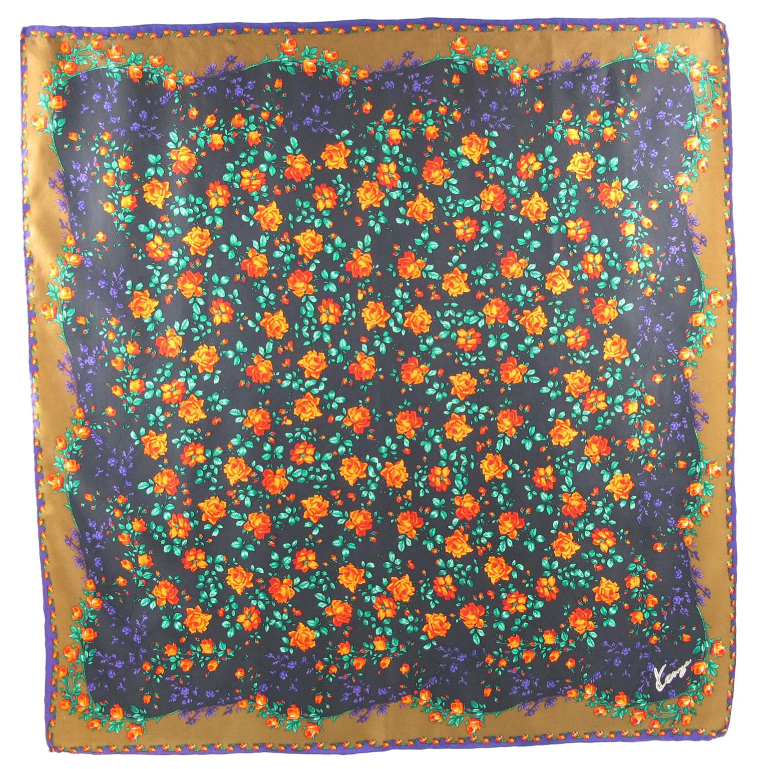 Kenzo Paris Silk Scarf Purple Orange Multi Flowers Design Print Pattern