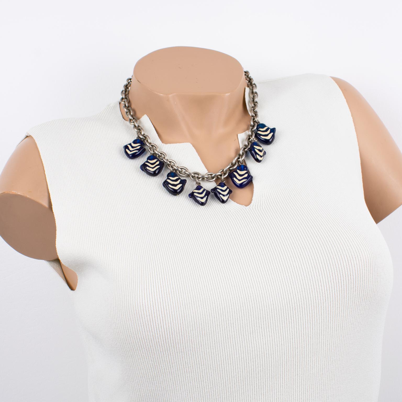 Romantic Kenzo Paris Silvered Metal Necklace with Murano Glass Charms For Sale