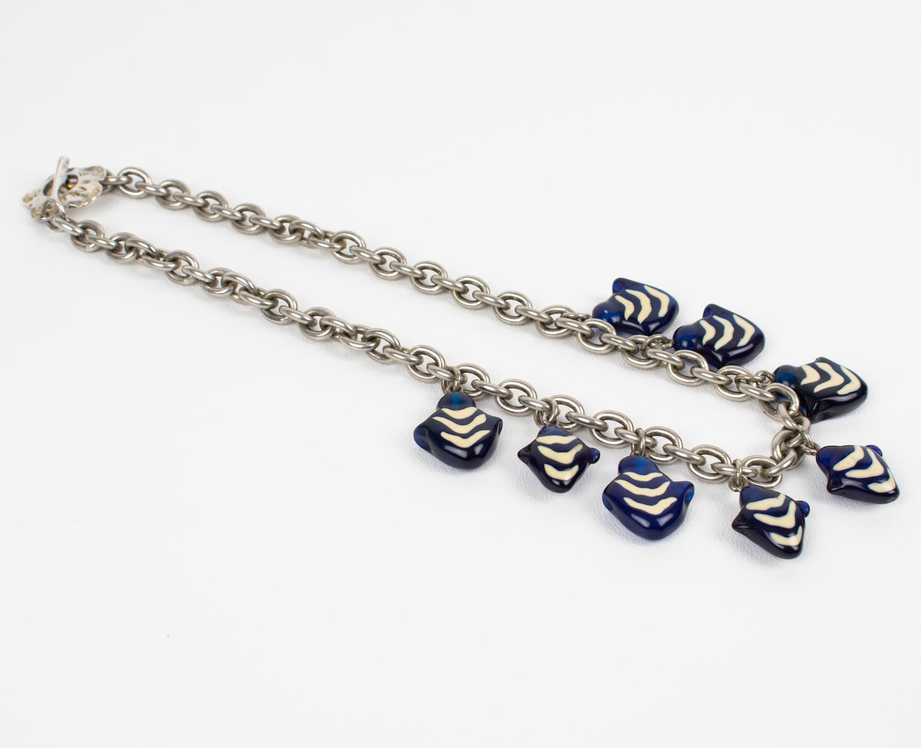Kenzo Paris Silvered Metal Necklace with Murano Glass Charms In Excellent Condition For Sale In Atlanta, GA
