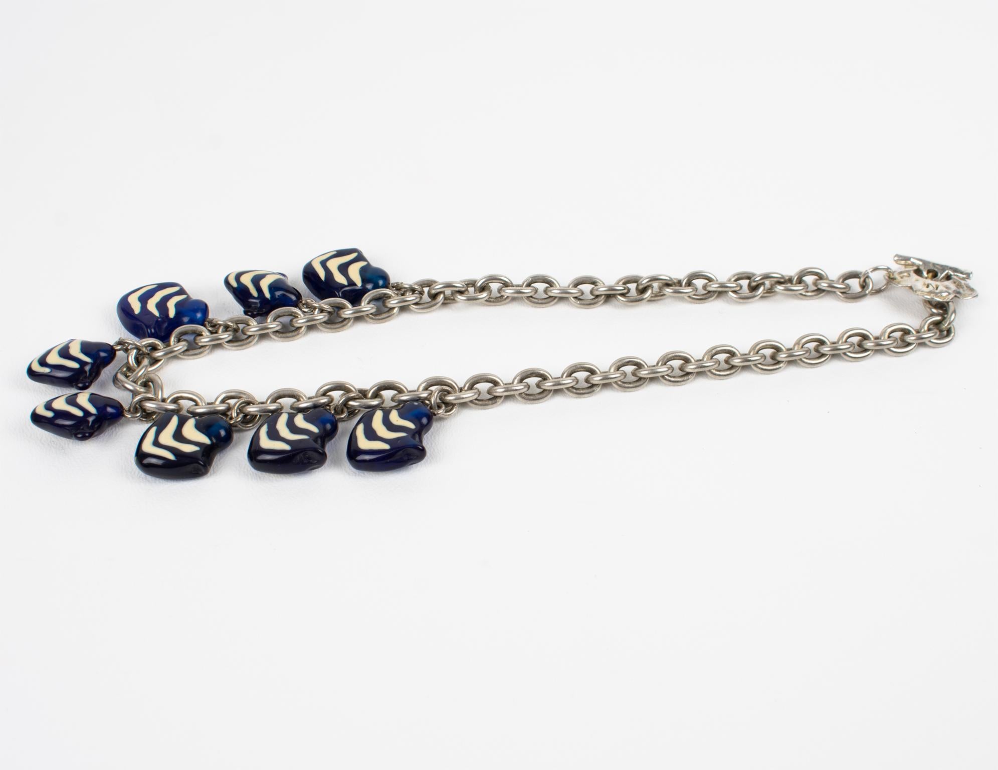 Women's or Men's Kenzo Paris Silvered Metal Necklace with Murano Glass Charms For Sale
