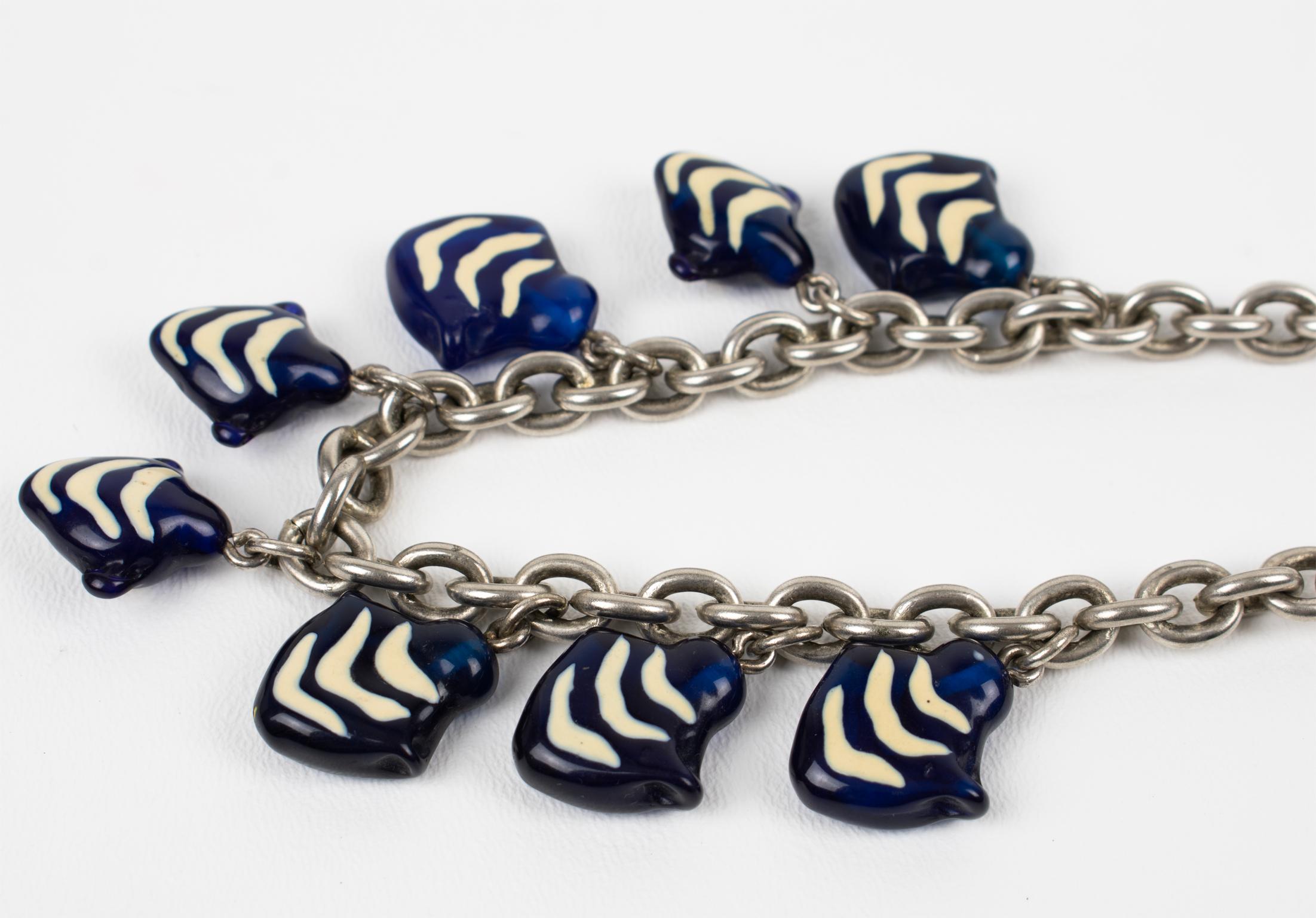 Kenzo Paris Silvered Metal Necklace with Murano Glass Charms For Sale 1