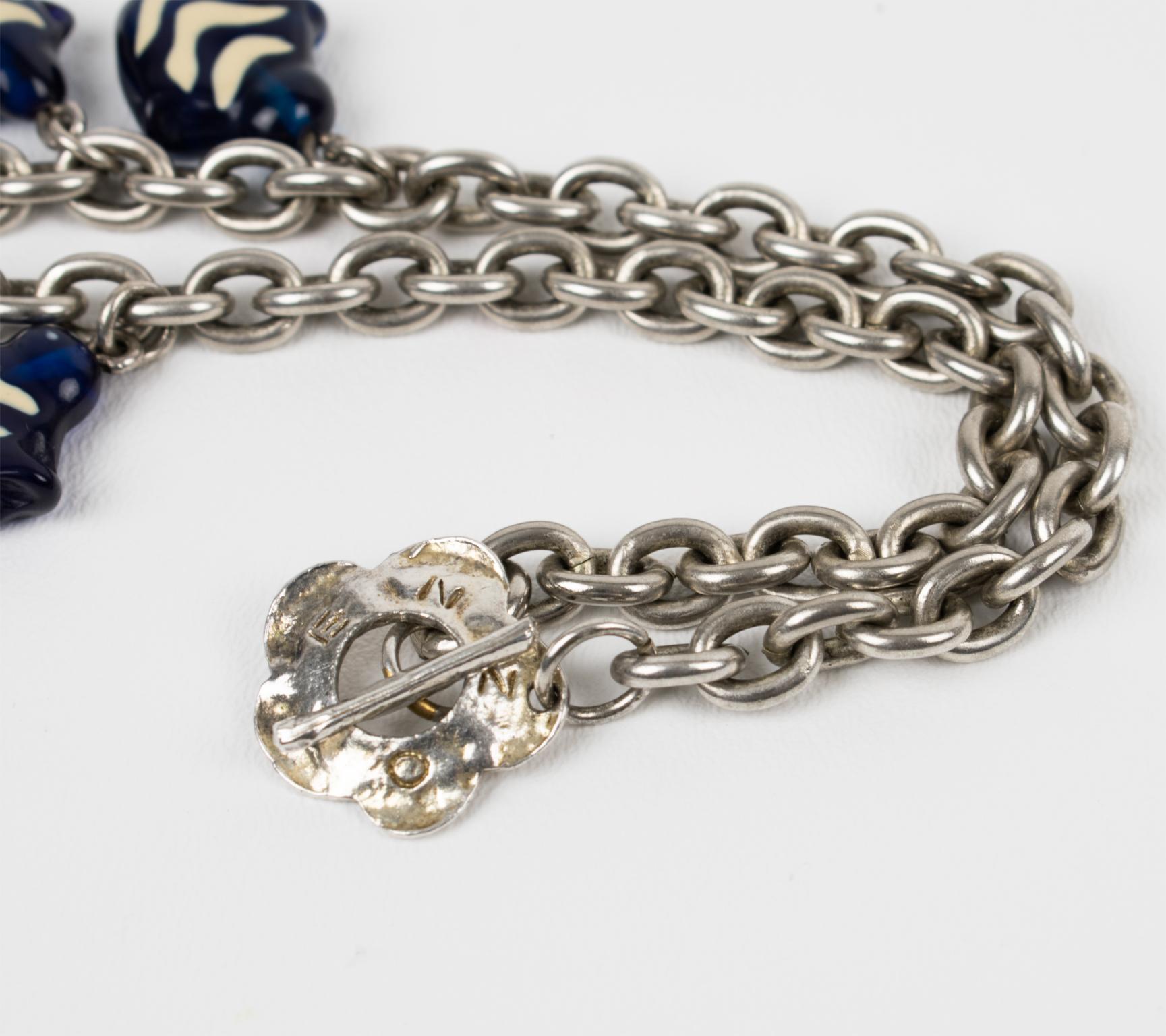 Kenzo Paris Silvered Metal Necklace with Murano Glass Charms For Sale 2