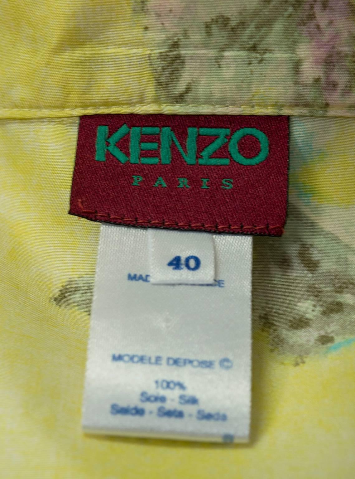 Kenzo Paris Chartreuse Watercolor Silk Tie Peplum Blouse - Med, 1980s 5