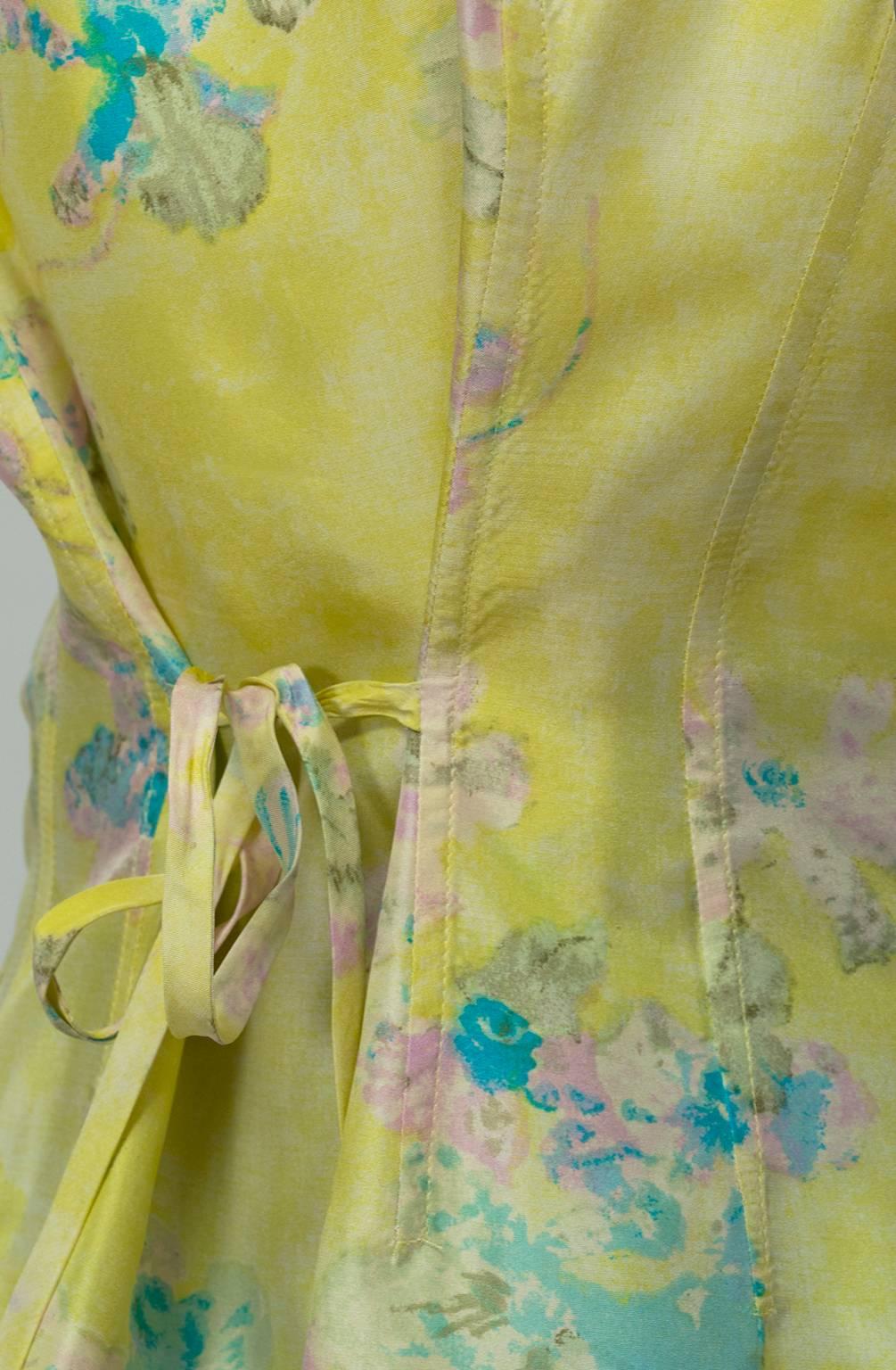 Kenzo Paris Chartreuse Watercolor Silk Tie Peplum Blouse - Med, 1980s 3