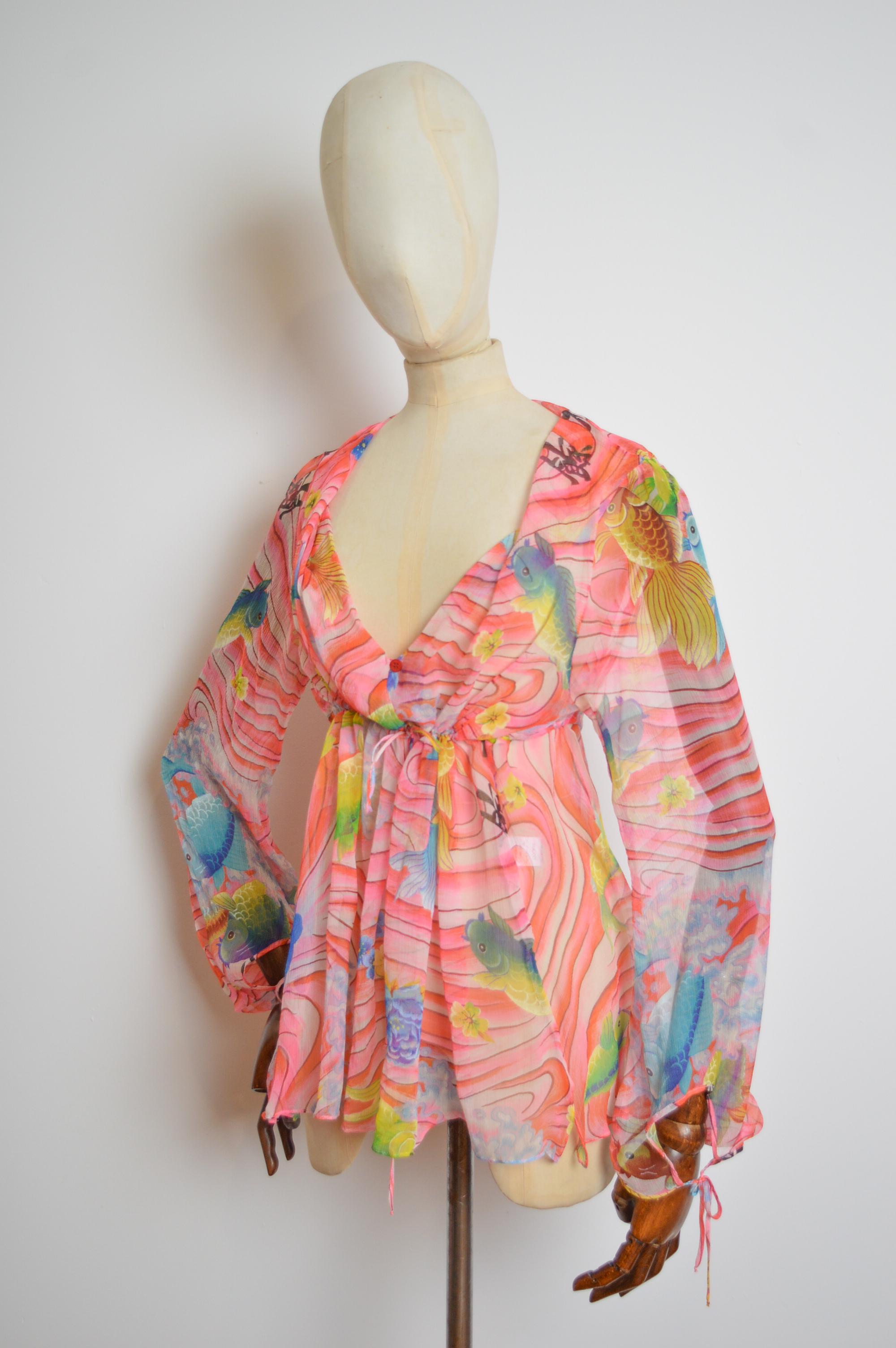 KENZO pure Silk Koi fish Japanese pink Sheer Beach Loose Kaftan Blouse Top For Sale 5