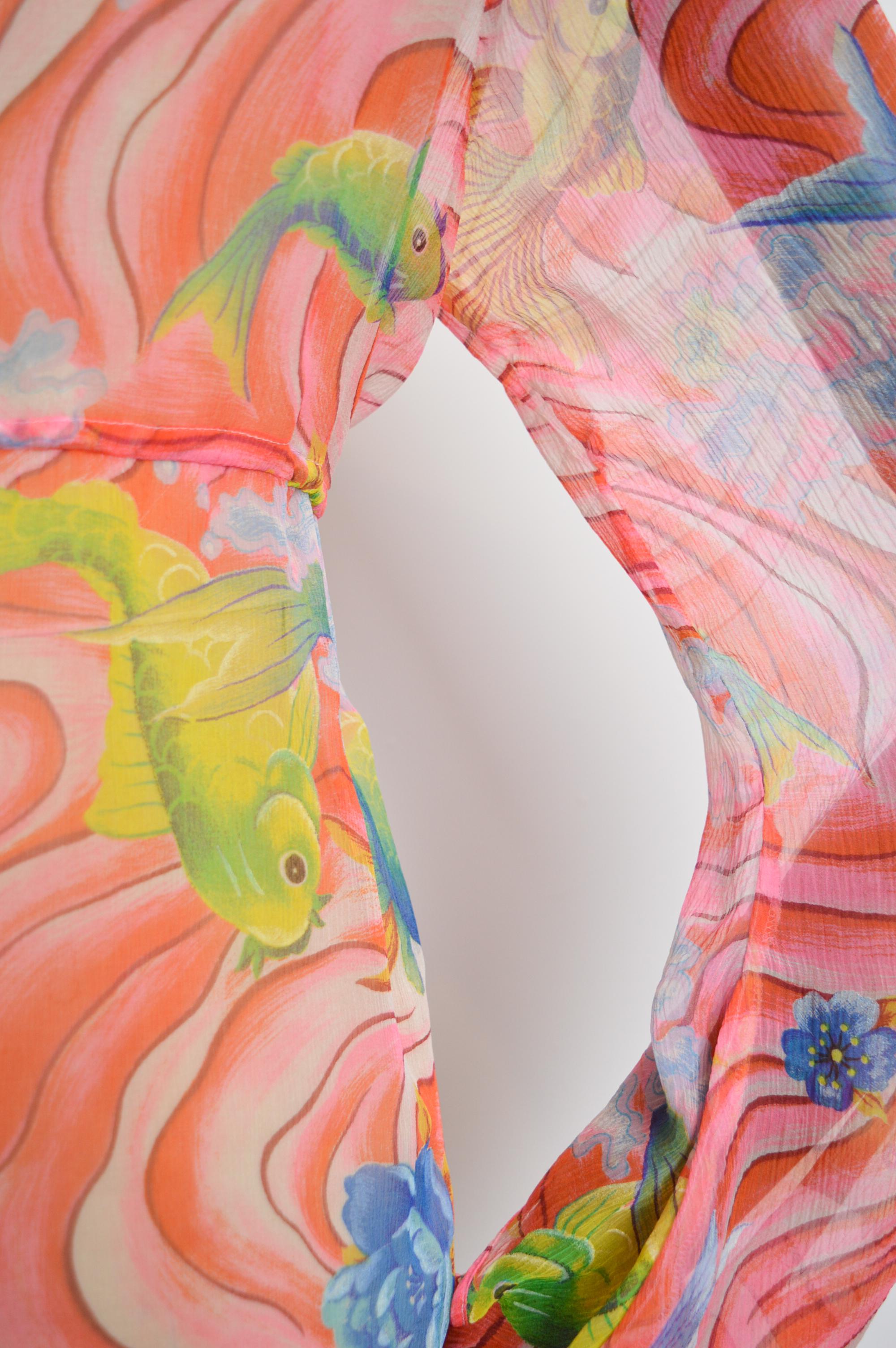 KENZO pure Silk Koi fish Japanese pink Sheer Beach Loose Kaftan Blouse Top For Sale 7