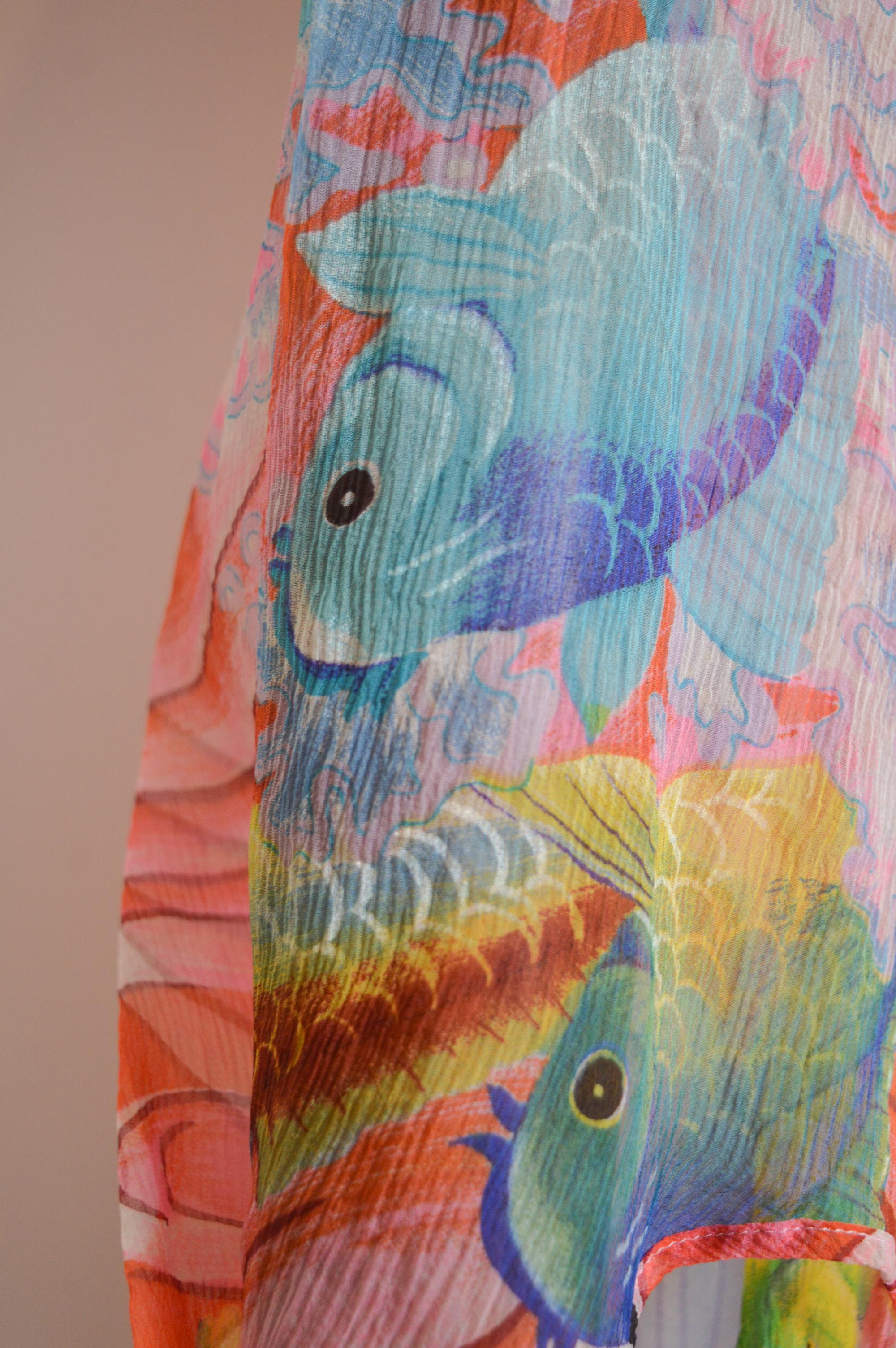 KENZO pure Silk Koi fish Japanese pink Sheer Beach Loose Kaftan Blouse Top For Sale 8