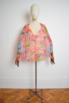 KENZO pure Silk Koi fish Japanese pink Sheer Beach Loose Kaftan Blouse Top