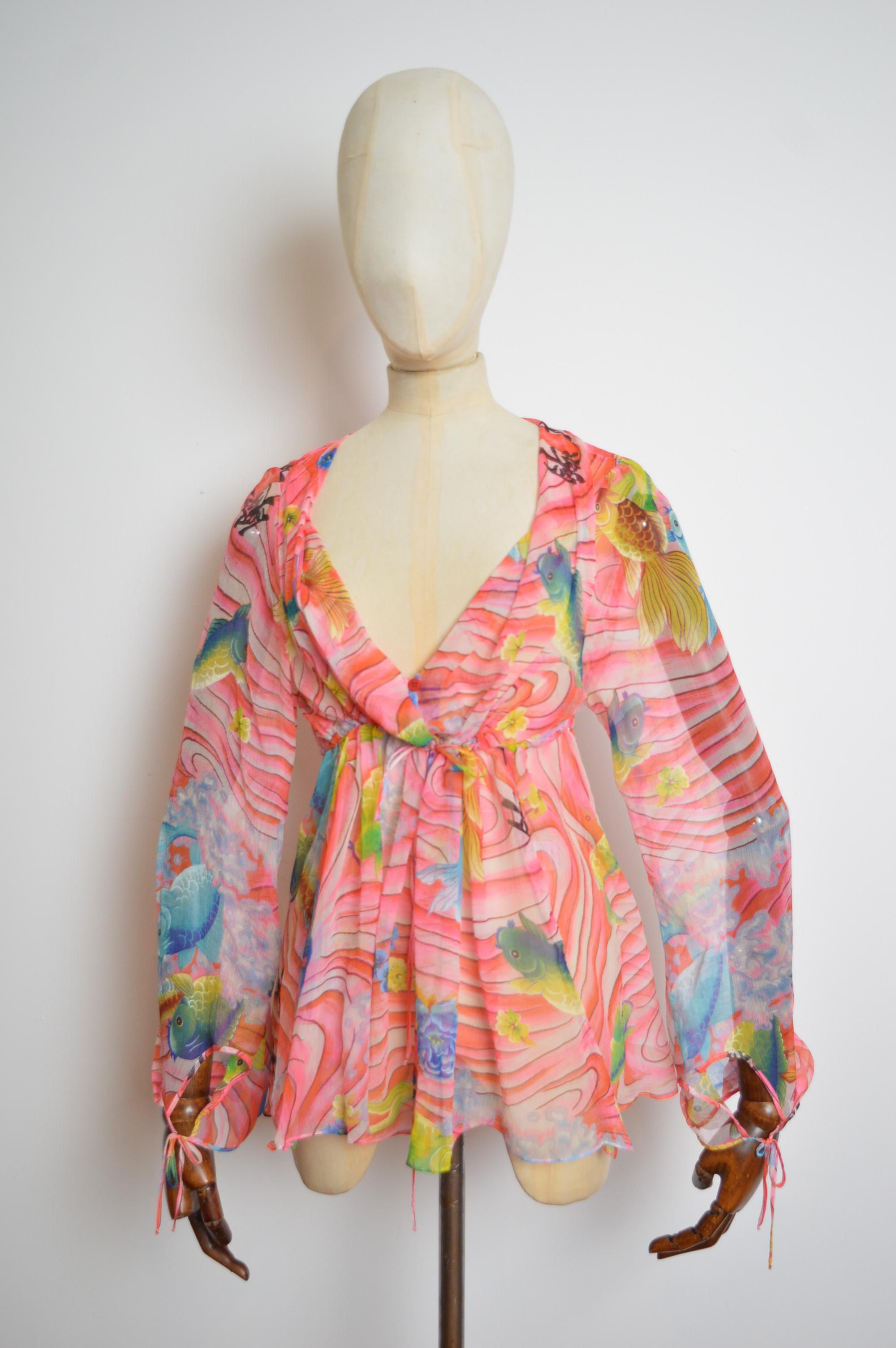 Beige KENZO pure Silk Koi fish Japanese pink Sheer Beach Loose Kaftan Blouse Top For Sale