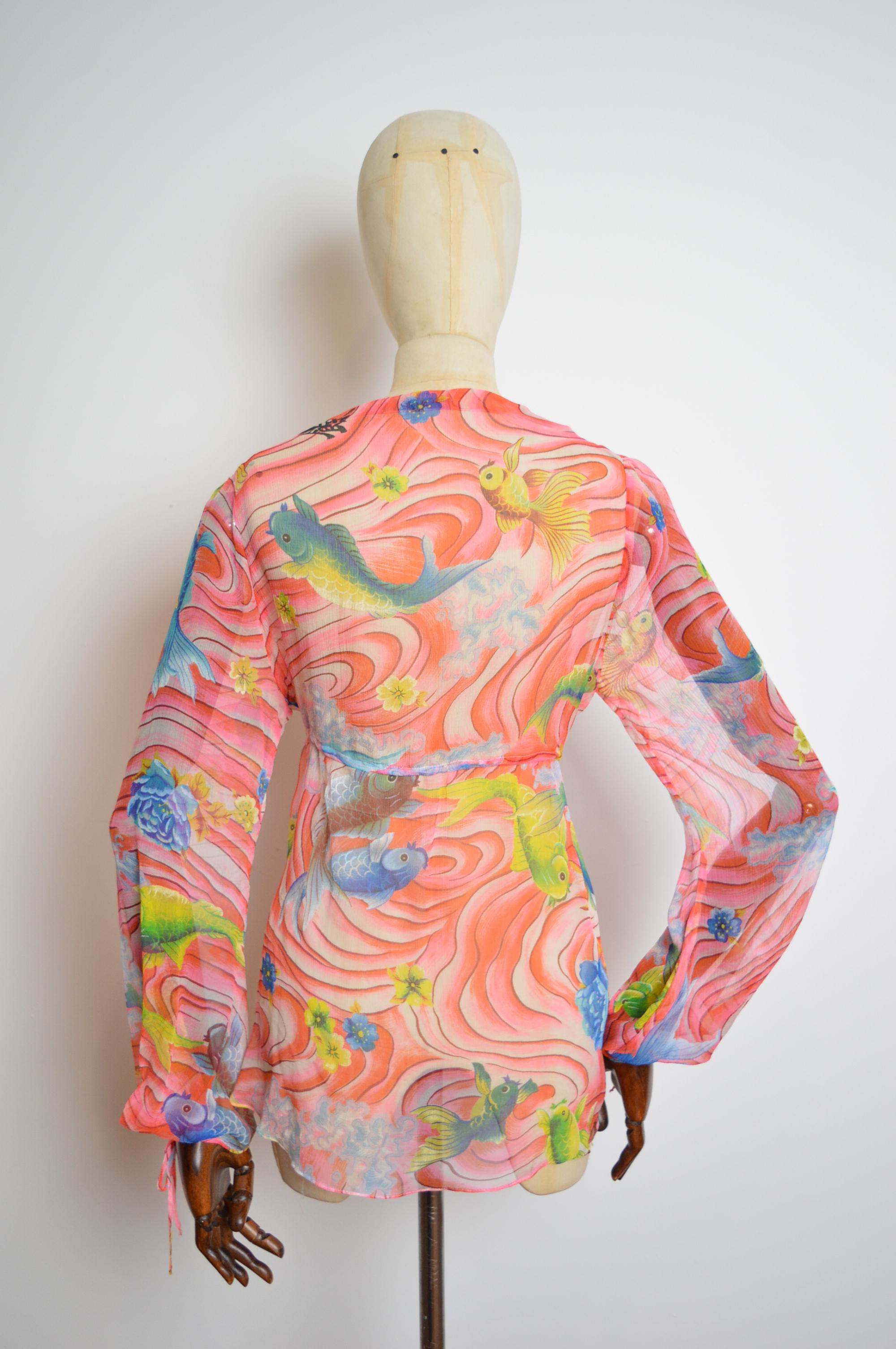 Women's KENZO pure Silk Koi fish Japanese pink Sheer Beach Loose Kaftan Blouse Top For Sale