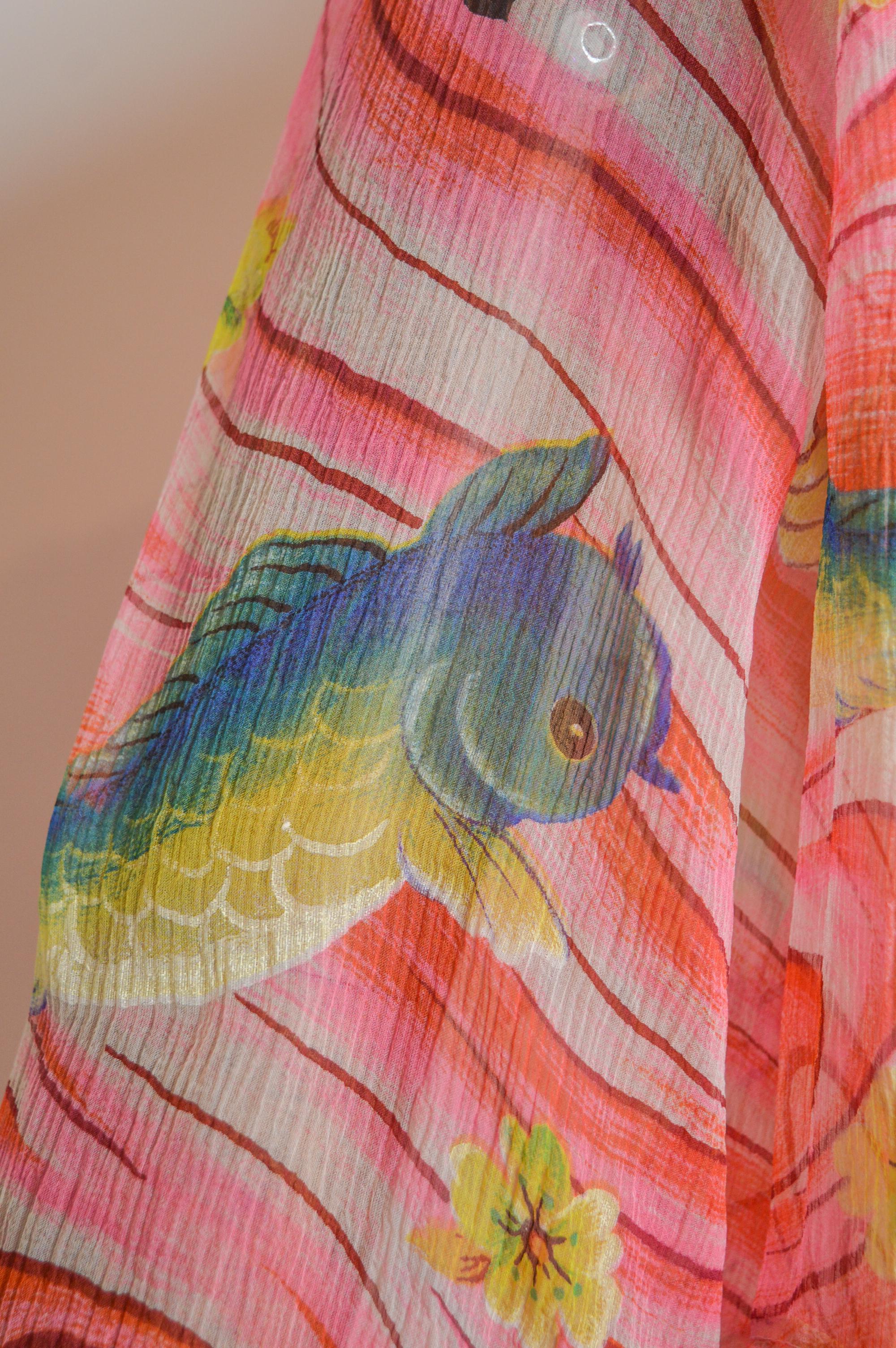 KENZO pure Silk Koi fish Japanese pink Sheer Beach Loose Kaftan Blouse Top For Sale 2