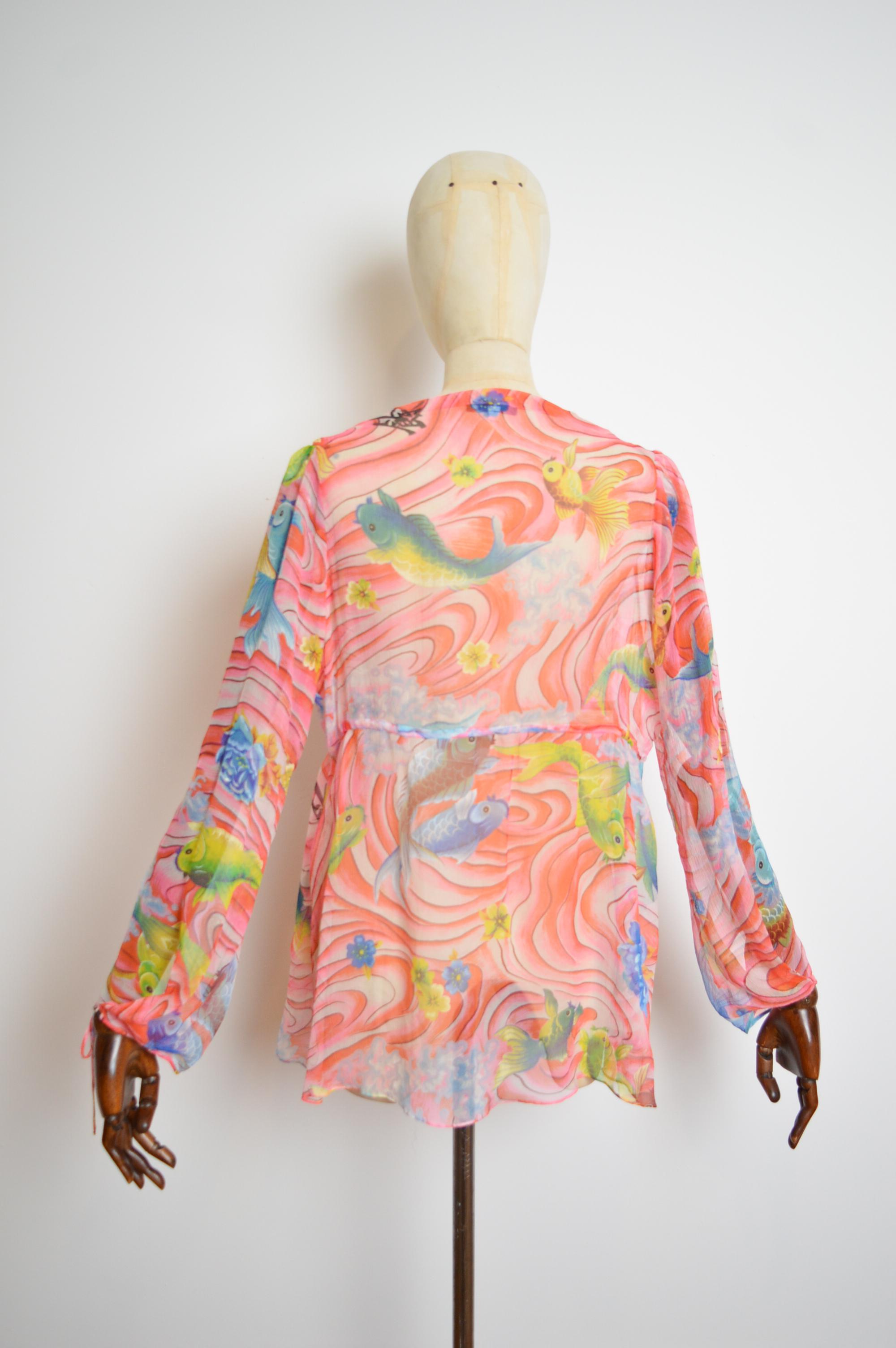 KENZO pure Silk Koi fish Japanese pink Sheer Beach Loose Kaftan Blouse Top For Sale 4