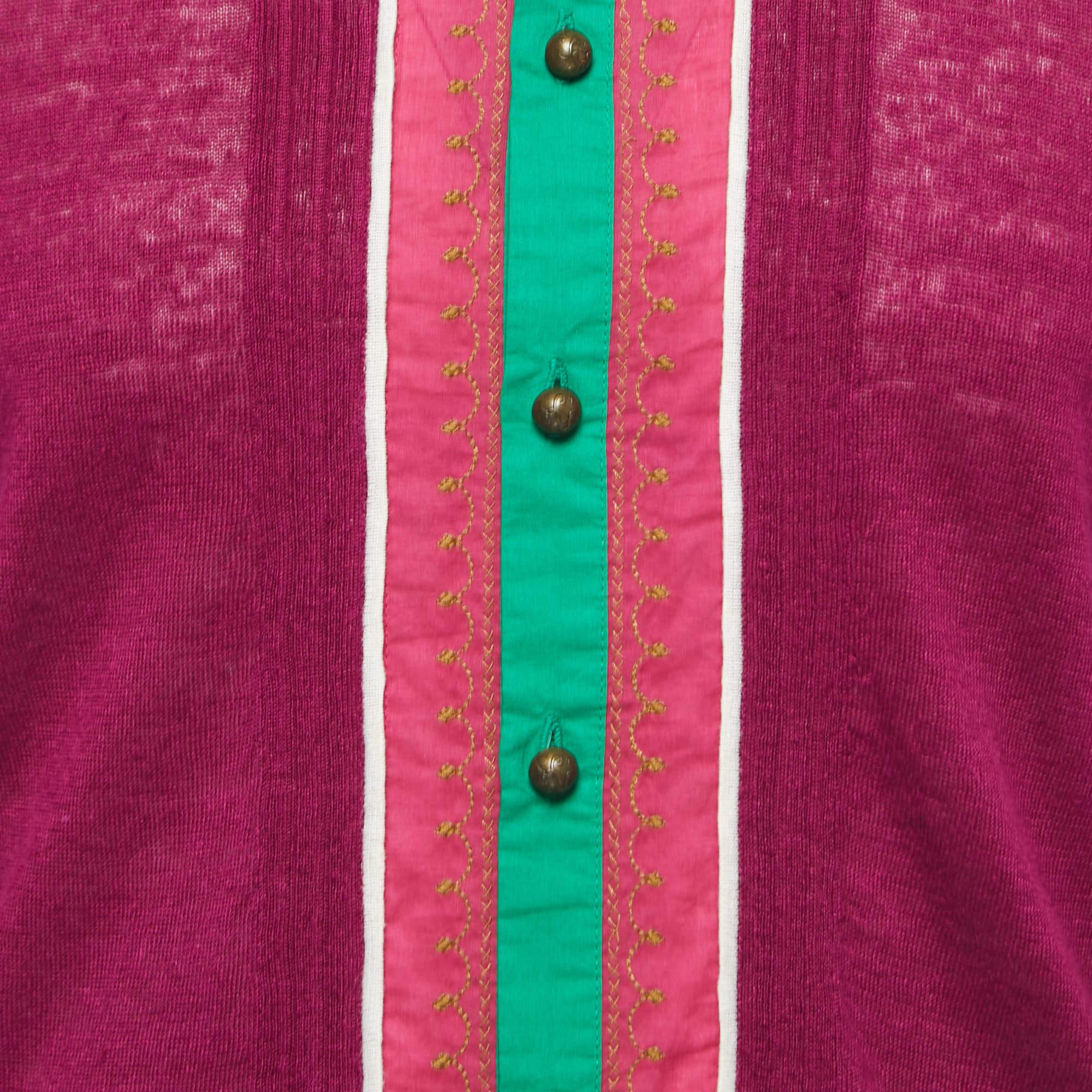 Red Kenzo Purple/Green Cotton Knit Embroidered Panel Button Front Shirt M For Sale