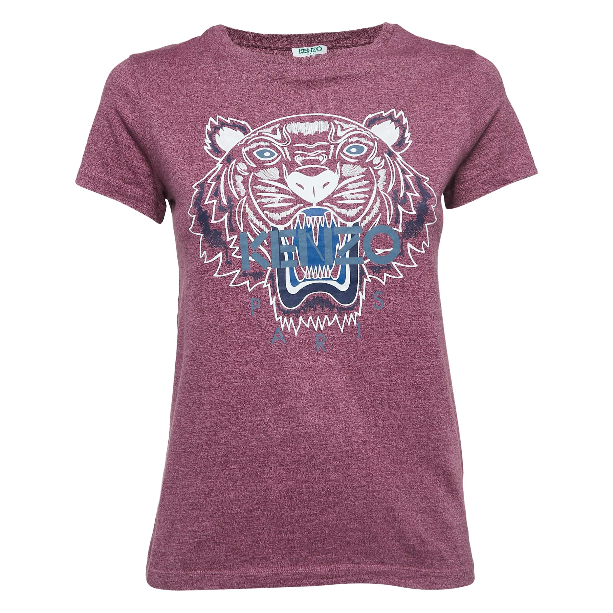 Kenzo - Maglietta a maniche corte in cotone con stampa tigre e logo viola XS in vendita
