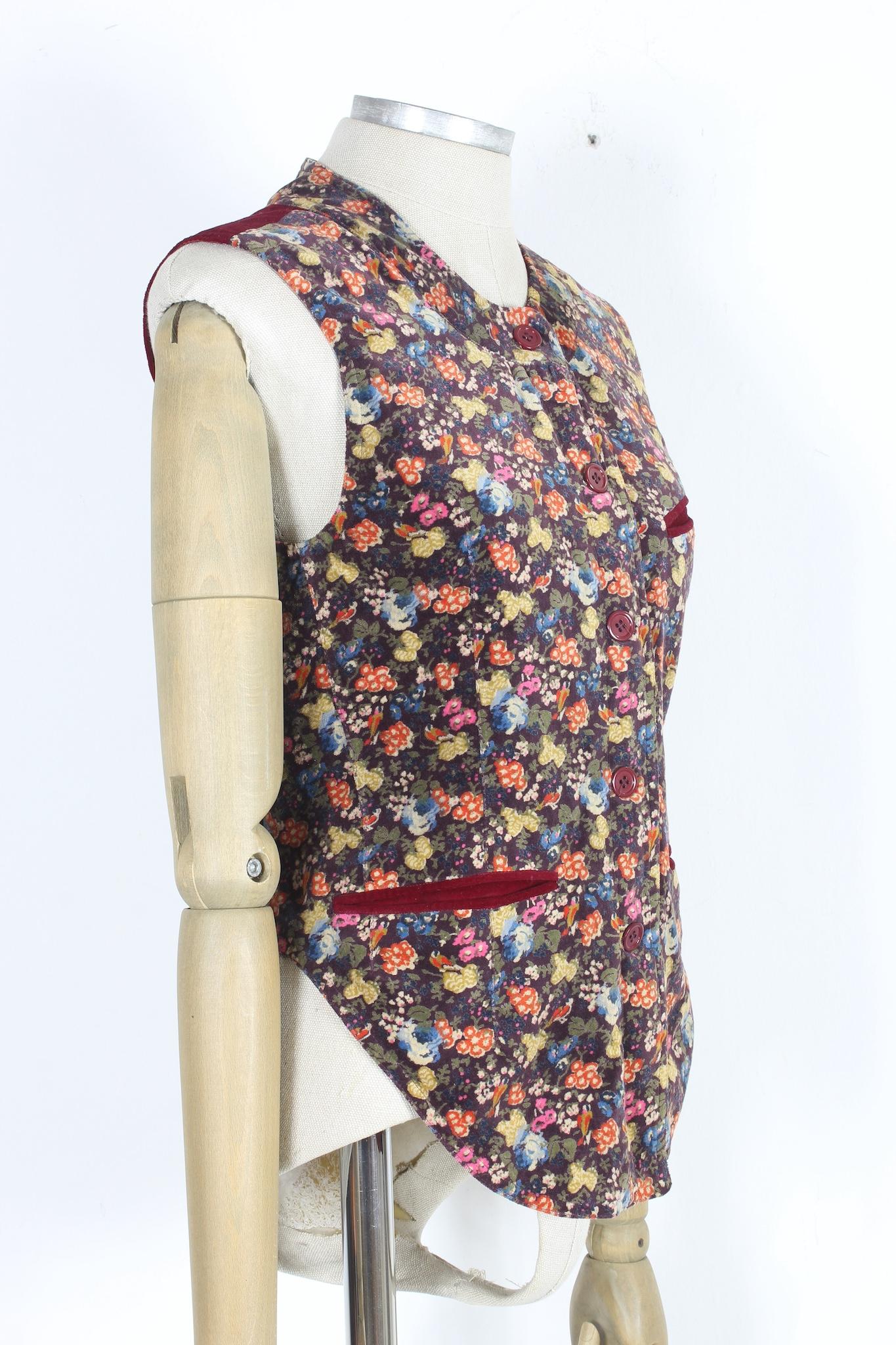 Kenzo Red Blue Velvet Floral Vest Vintage 80s In Excellent Condition For Sale In Brindisi, Bt