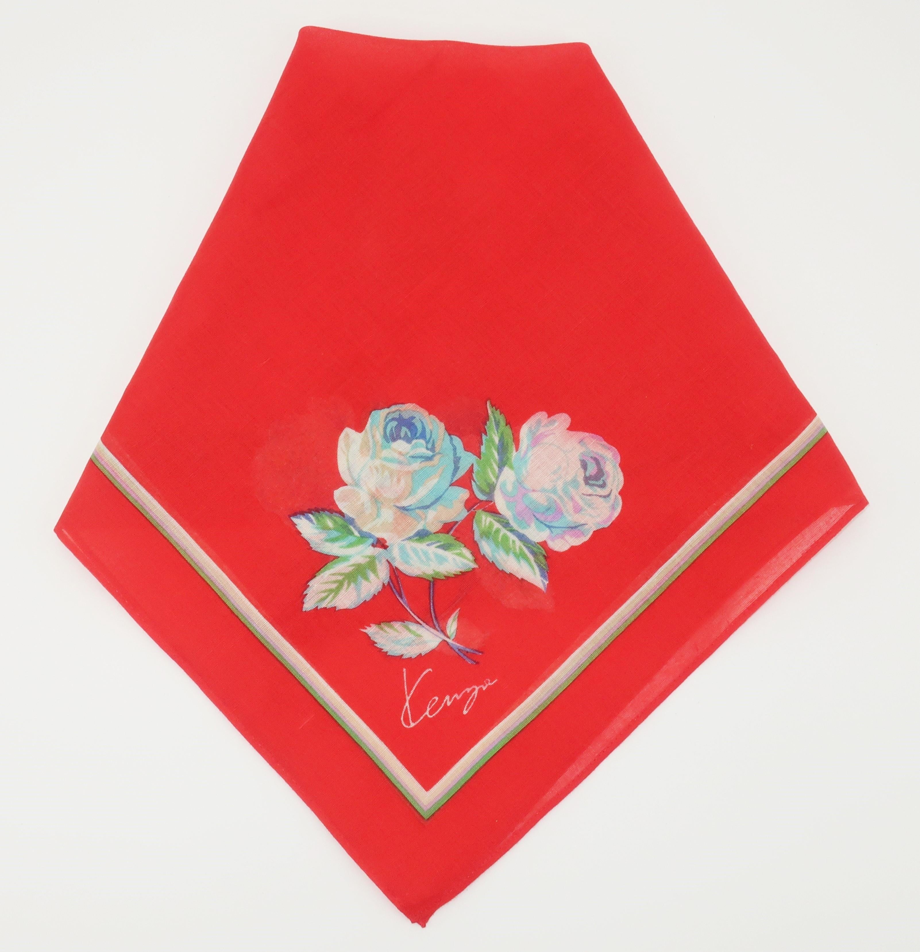 Women's or Men's Kenzo Red Floral Cotton Scarf Bandana, 1980's