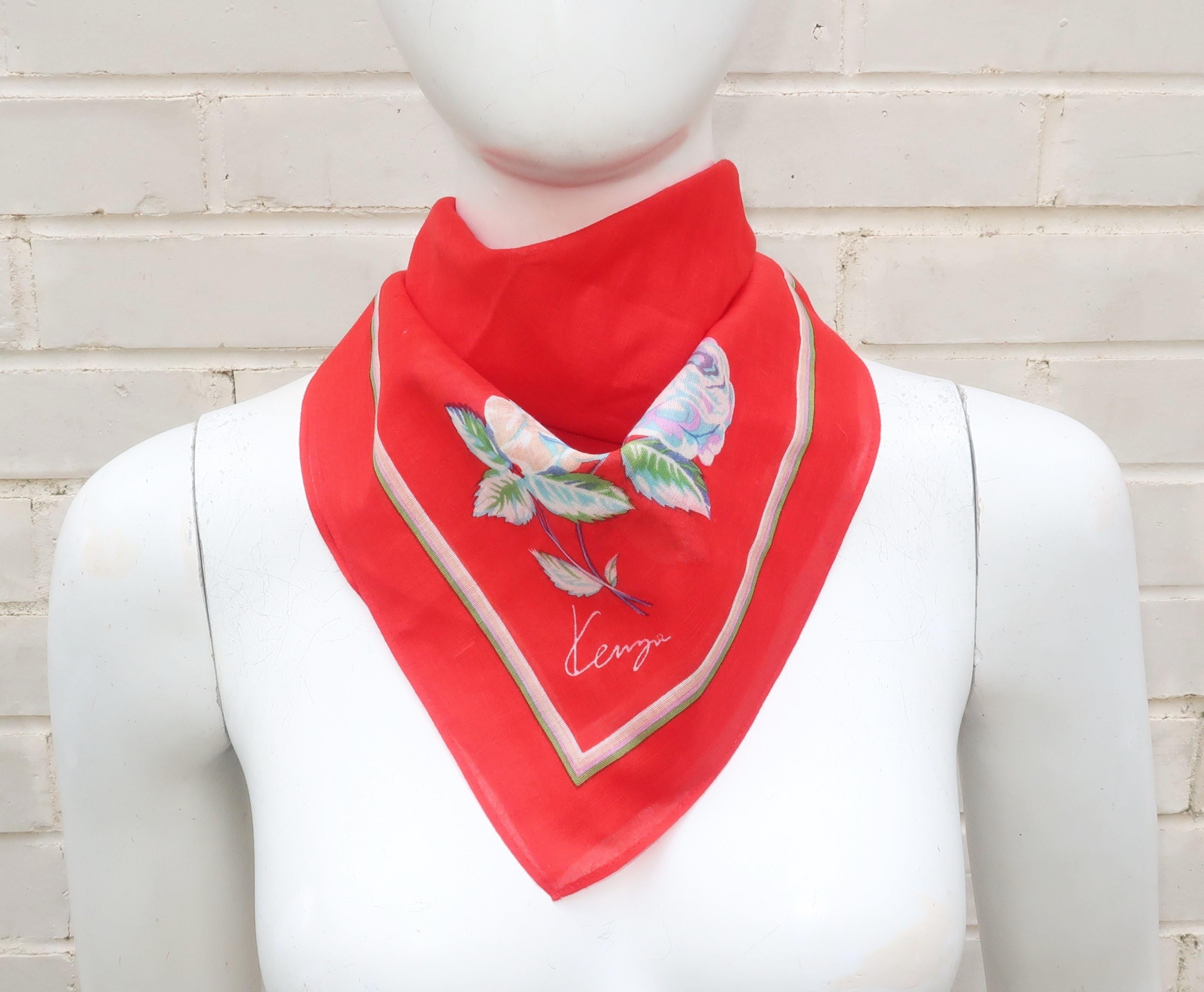 Kenzo Red Floral Cotton Scarf Bandana, 1980's 1