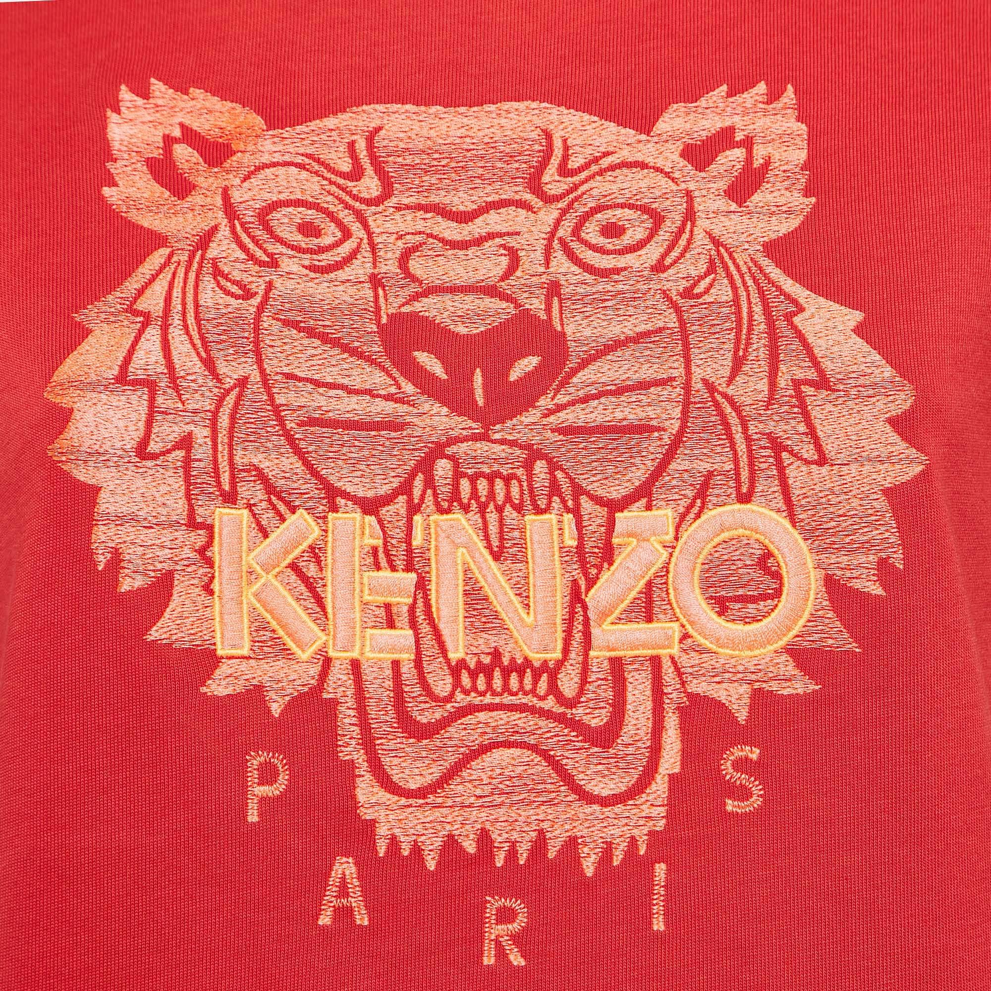 Kenzo Red Logo Embroidered Crew Neck T-Shirt M In Good Condition For Sale In Dubai, Al Qouz 2