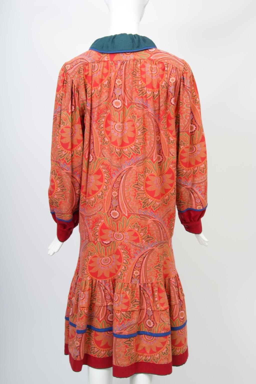 Kenzo Red Print Challis Dress with Flounce For Sale 1