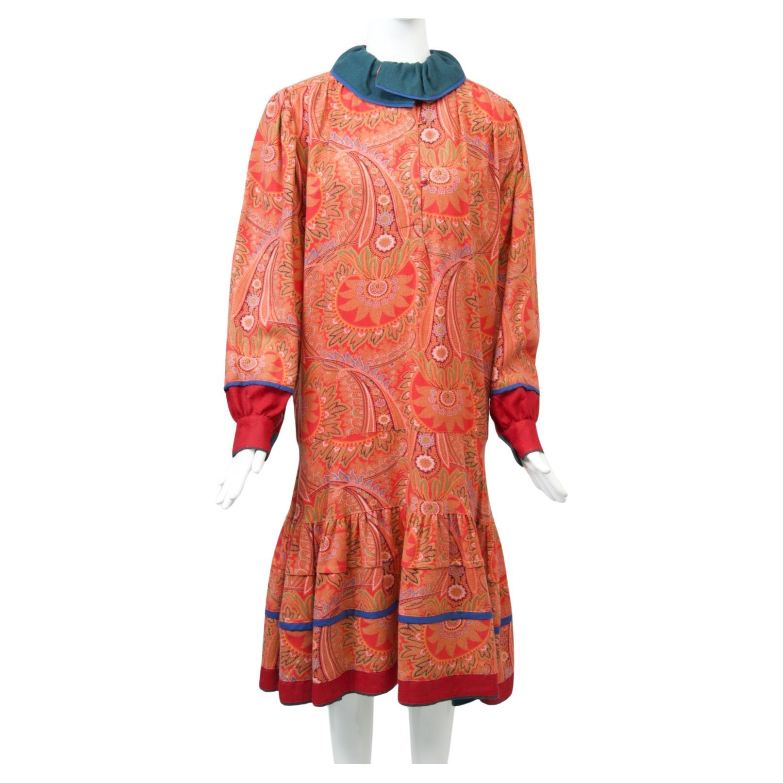 Kenzo Red Print Challis Dress with Flounce For Sale