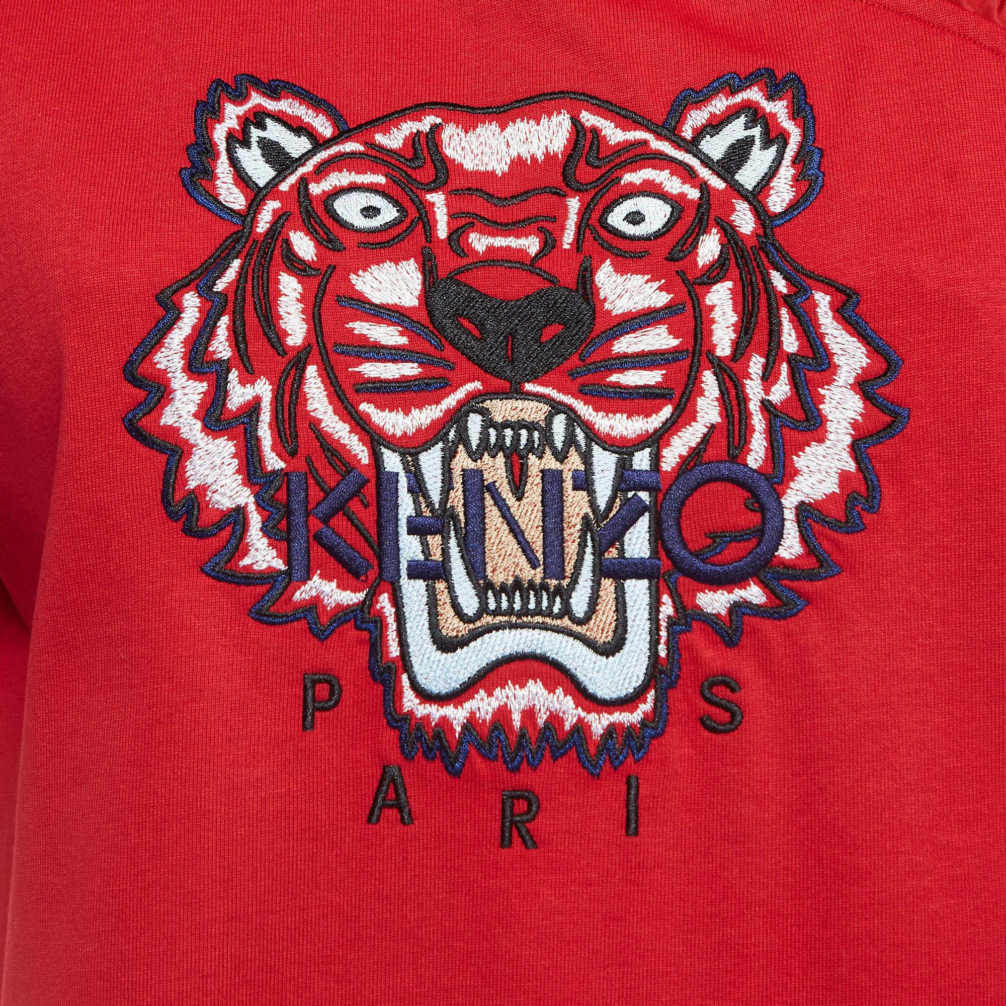 Kenzo Red Tiger Logo Embroidered Cotton Ruffle Neck T-Shirt M In Excellent Condition For Sale In Dubai, Al Qouz 2