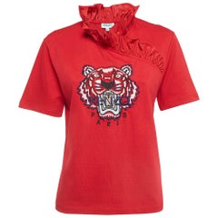 Kenzo Red Tiger Logo Embroidered Cotton Ruffle Neck T-Shirt M