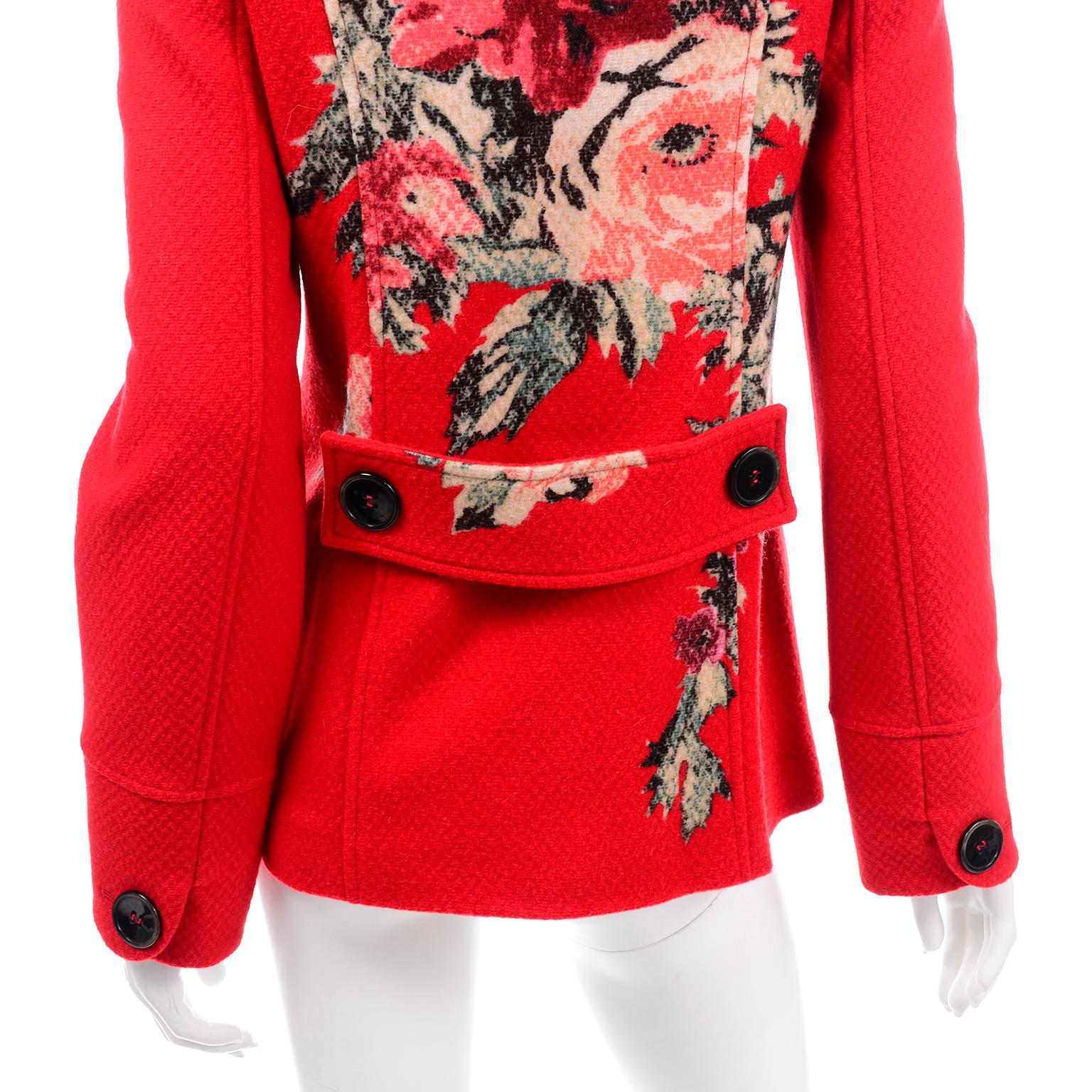 Women's Kenzo Red Wool Double Breasted Jacket With Floral Back Detail Size 40