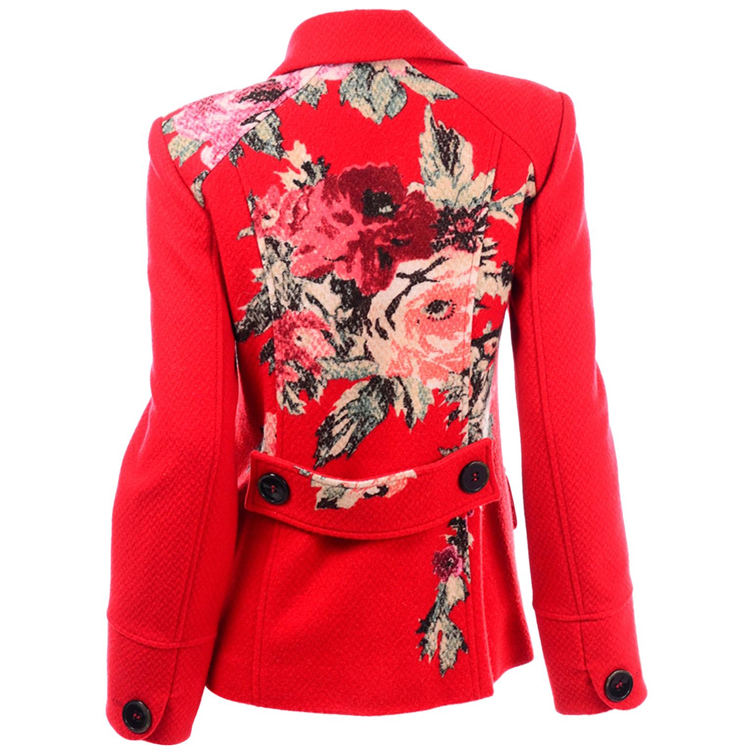 Kenzo Red Wool Double Breasted Jacket With Floral Back Detail Size 40