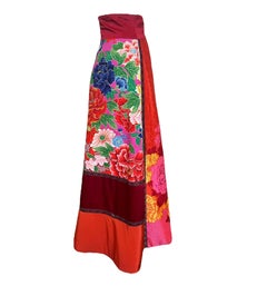 KENZO Silk Japanese Kimono Inspired Red Floral Patchwork Maxi Skirt, 2000s