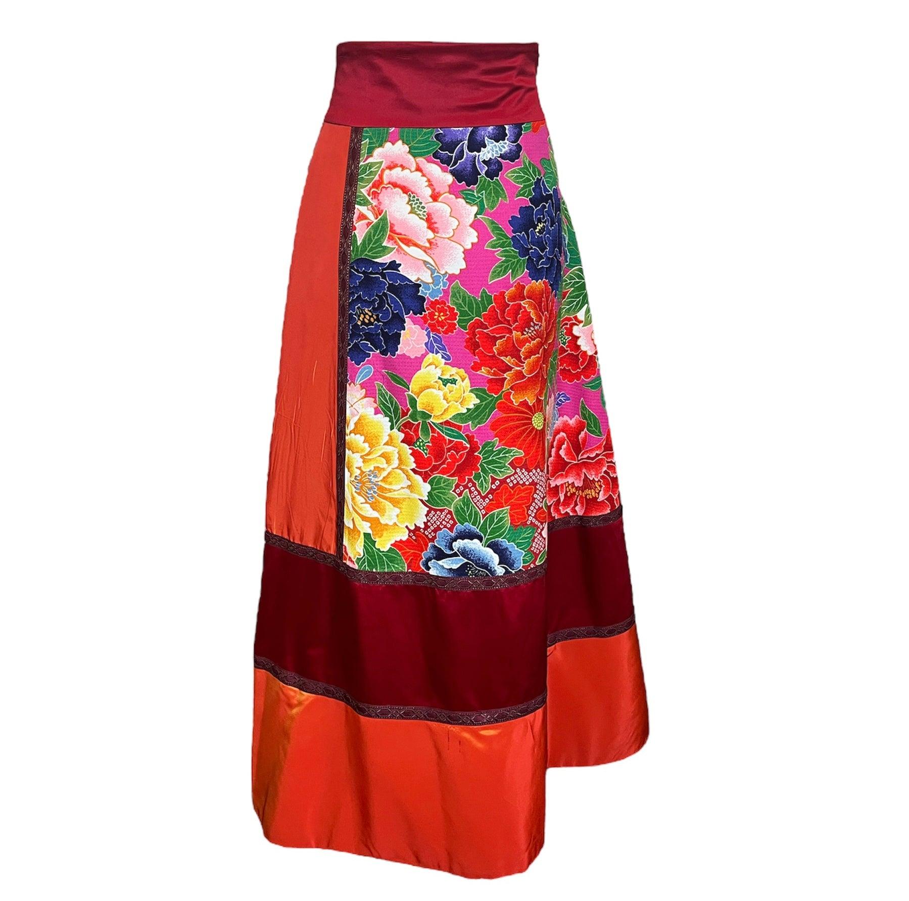KENZO Silk Japanese Kimono Inspired Red Floral Patchwork Maxi Skirt, 2000s In Excellent Condition For Sale In Los Angeles, CA