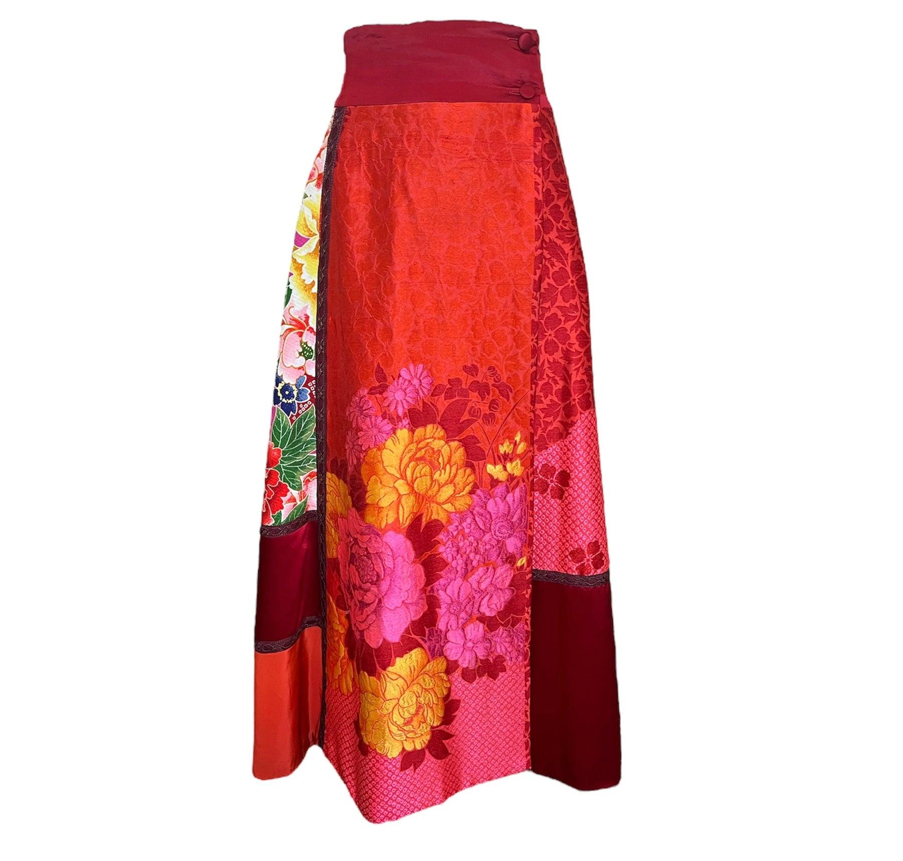 KENZO Silk Japanese Kimono Inspired Red Floral Patchwork Maxi Skirt, 2000s For Sale
