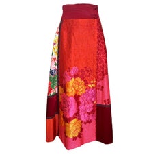 KENZO Silk Japanese Kimono Inspired Red Floral Patchwork Maxi Skirt, 2000s
