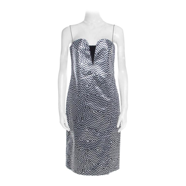 Kenzo Silver and Black Zig Zag Pattern Jacquard Strapless Dress M