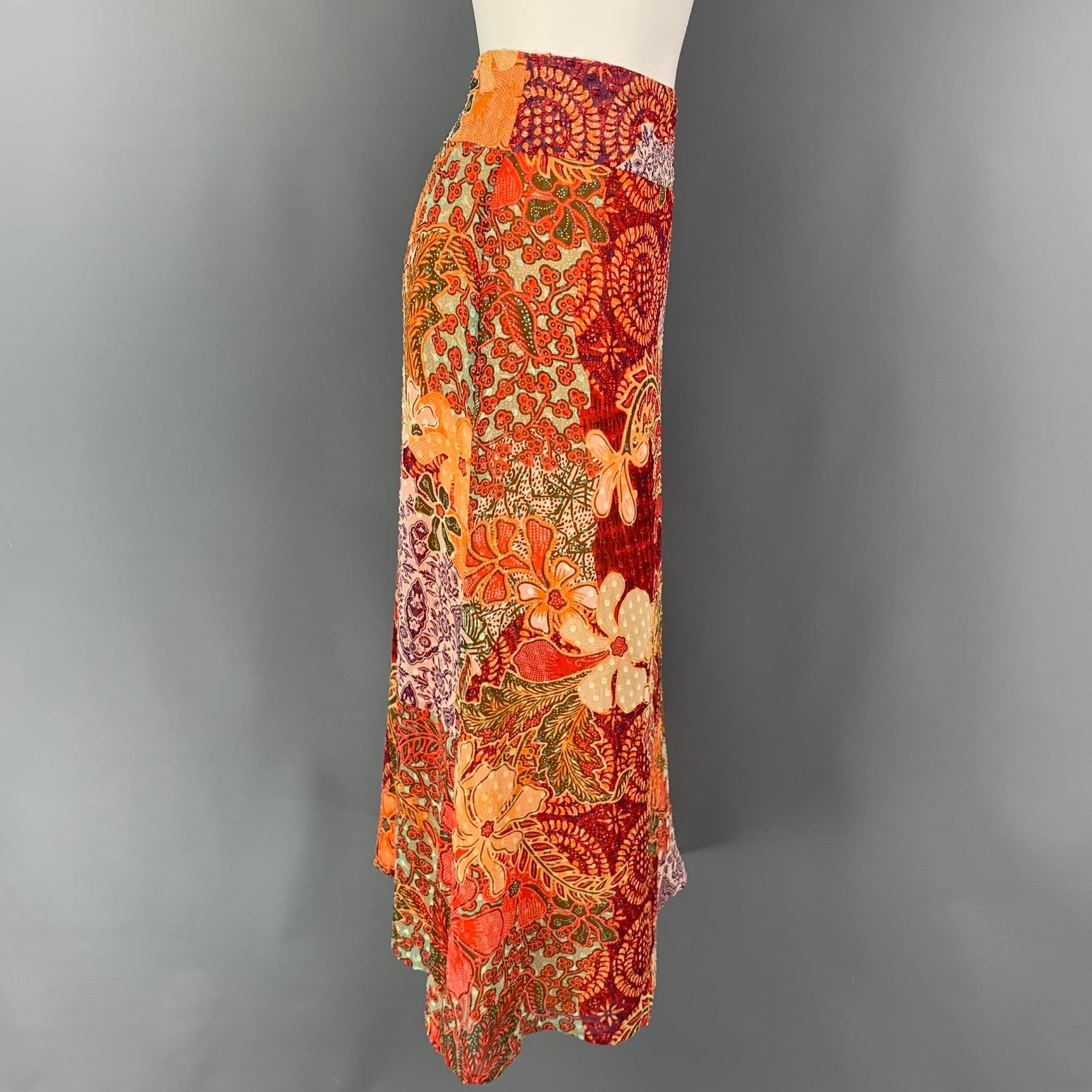 KENZO skirt comes in a orange & multi-color abstract silk / viscose with a slip liner featuring a a-line style and a side zipper closure.
Excellent
Pre-Owned Condition. 

Marked:   36 

Measurements: 
  Waist: 28 inches Hip: 36 inches Length: 35